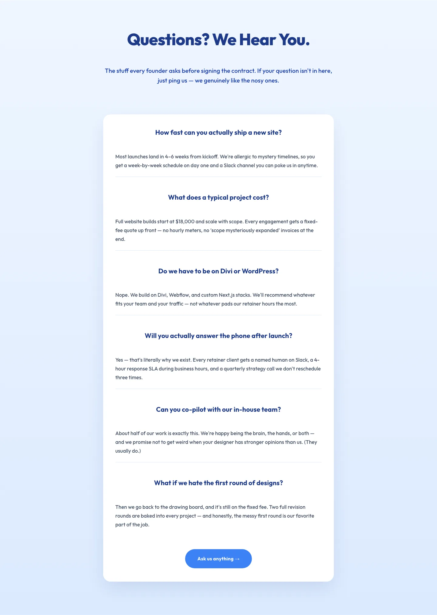 Playful Agency FAQ Section — Free Divi 5 Layout — Agency FAQ layout built with Divi 5