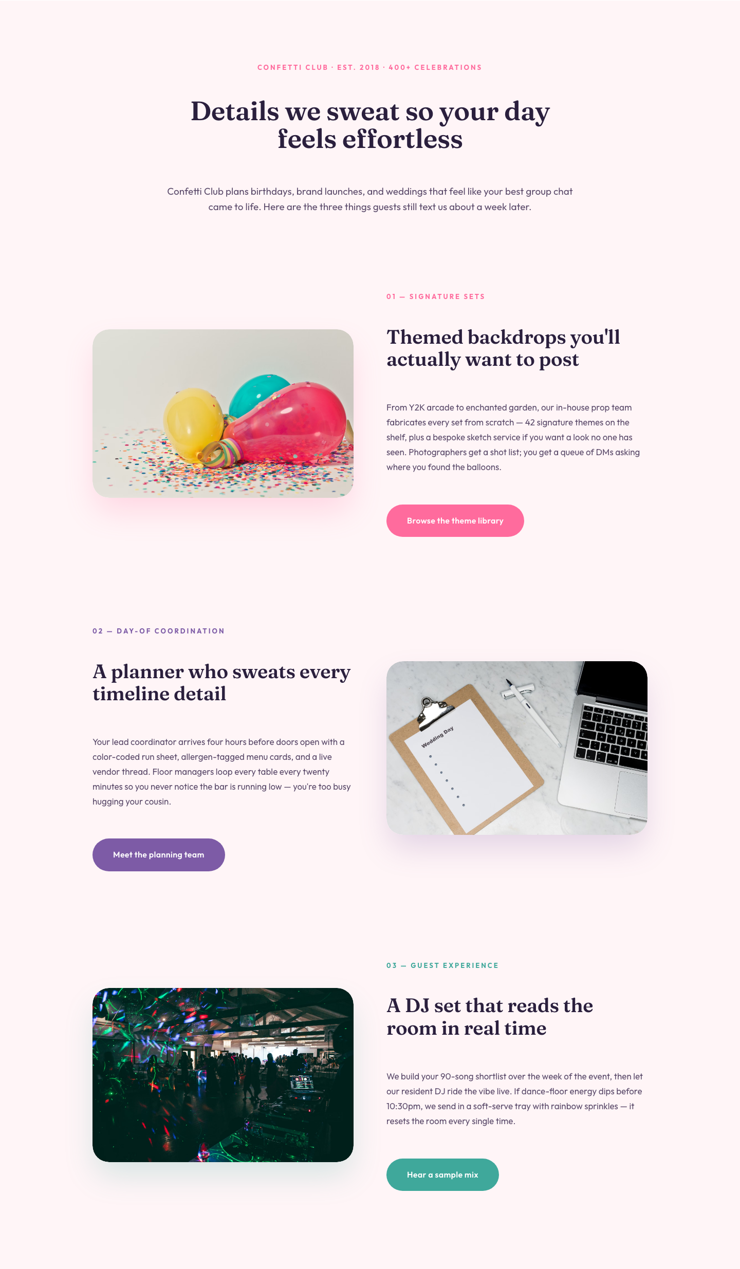 Playful Events Features Section — Alternating Rows Divi 5 Layout — desktop preview