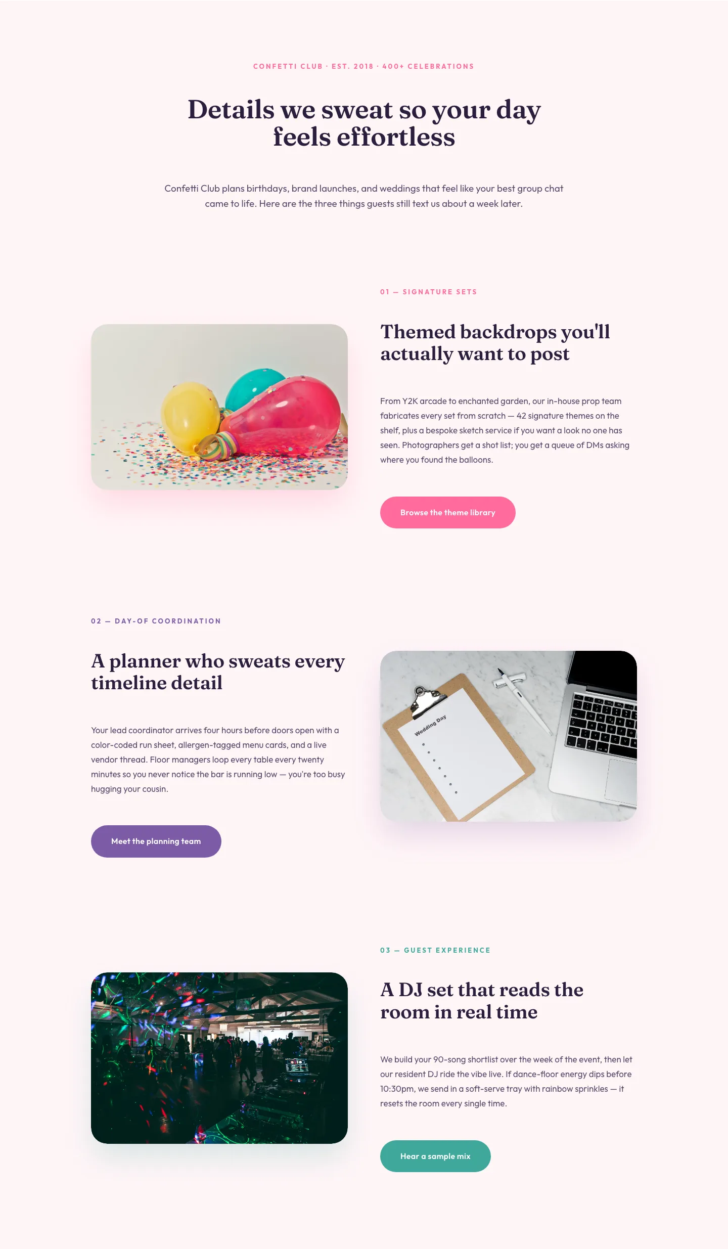 Playful Events Features Section — Alternating Rows Divi 5 Layout — Events Features layout built with Divi 5