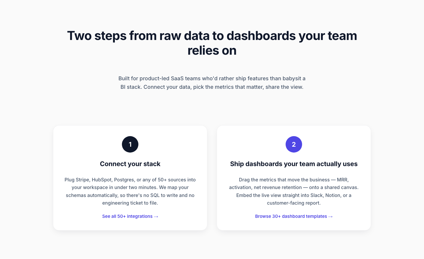 Minimal SaaS Two-Step Onboarding Cards for Divi 5 — desktop preview