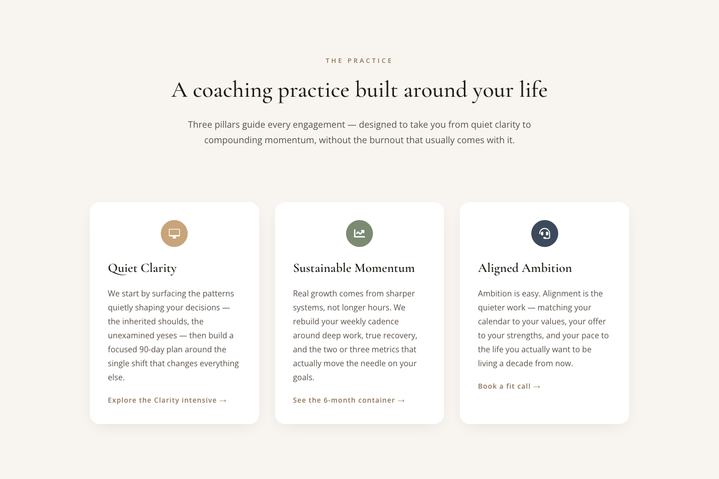 Elegant Coaching Cards — Three Pillars Section — desktop preview