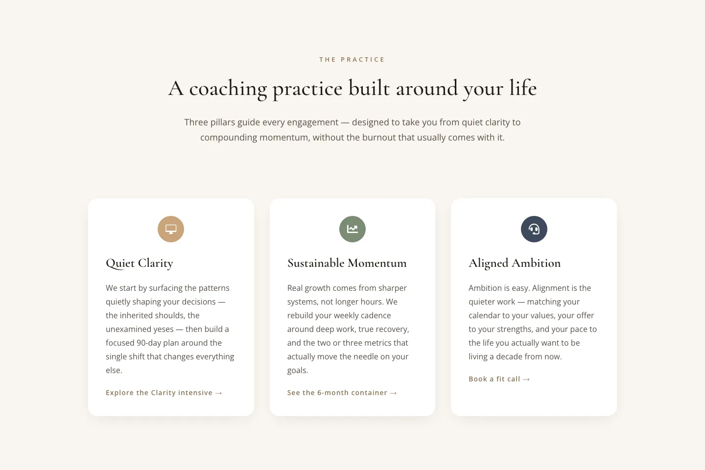 Elegant Coaching Cards — Three Pillars Section — Coaching Cards layout built with Divi 5