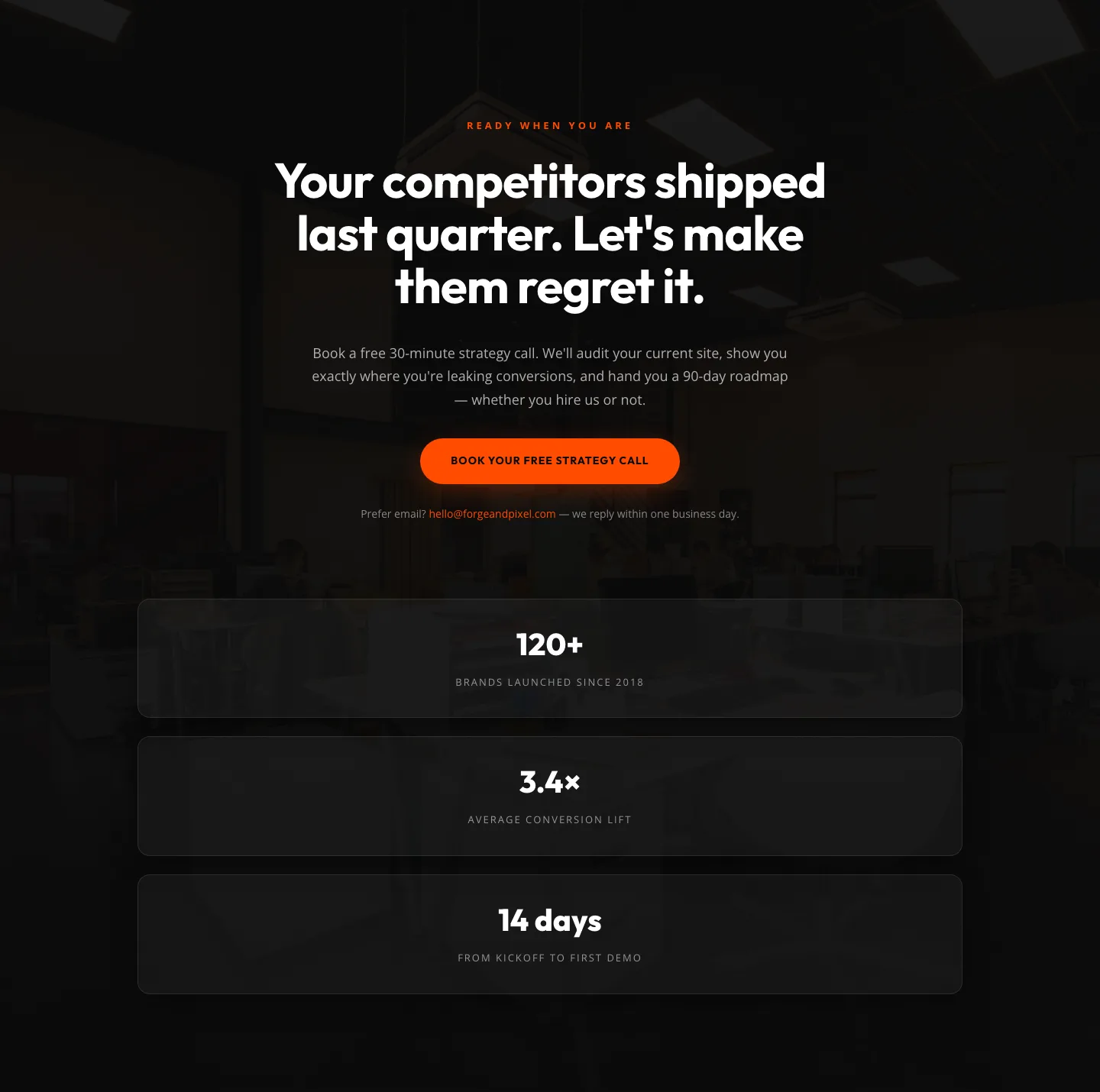 Dark Agency CTA Section with Strategy Call Booking & Proof Stats — Divi 5 Layout — Agency CTA layout built with Divi 5