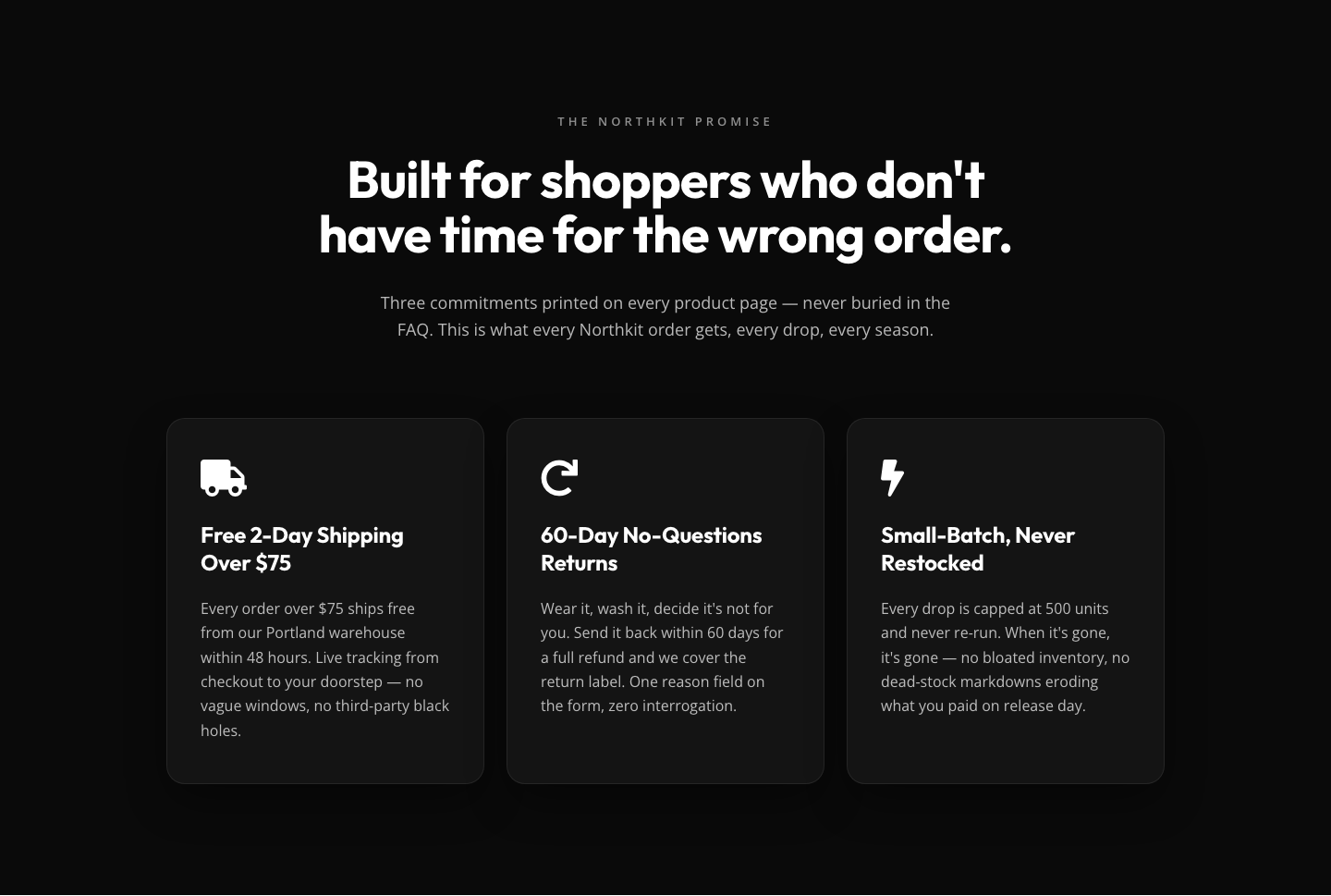 Bold Monochrome Ecommerce Features Section — Northkit Promise | Divi 5 — desktop preview