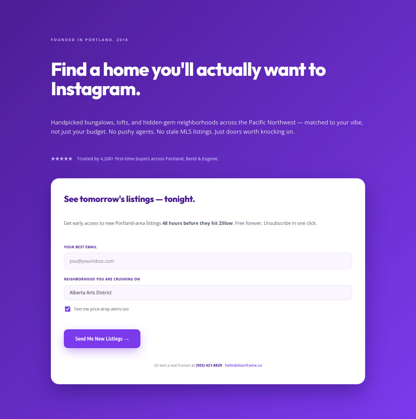 Playful Purple Real Estate Hero with Signup Form — Divi 5 Layout — desktop preview