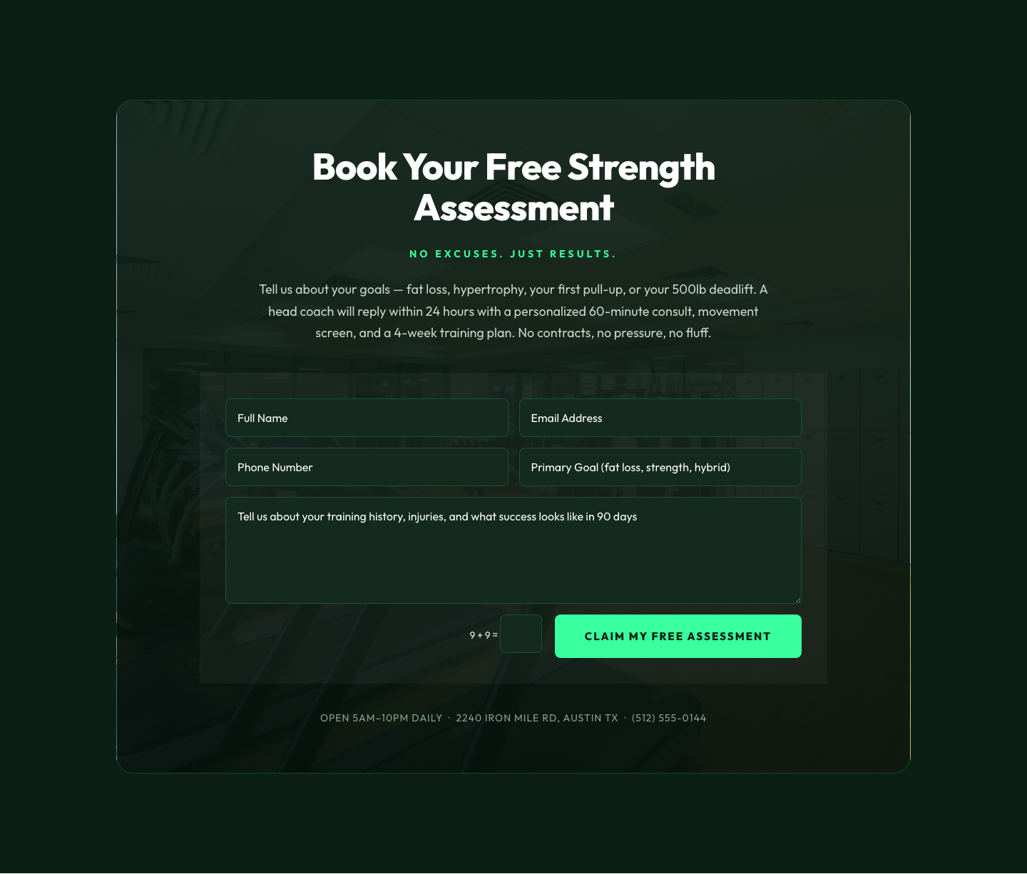 Bold Fitness Contact Section — Free Strength Assessment Form | Divi 5 Layout — desktop preview