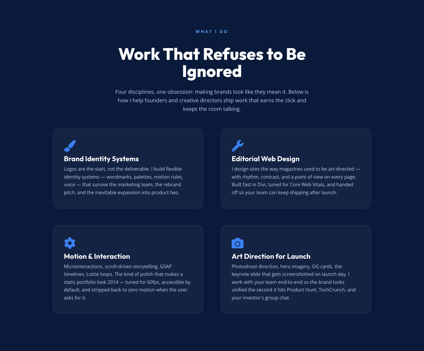 Bold Portfolio Features Section — 2x2 Discipline Grid for Divi 5 — desktop preview