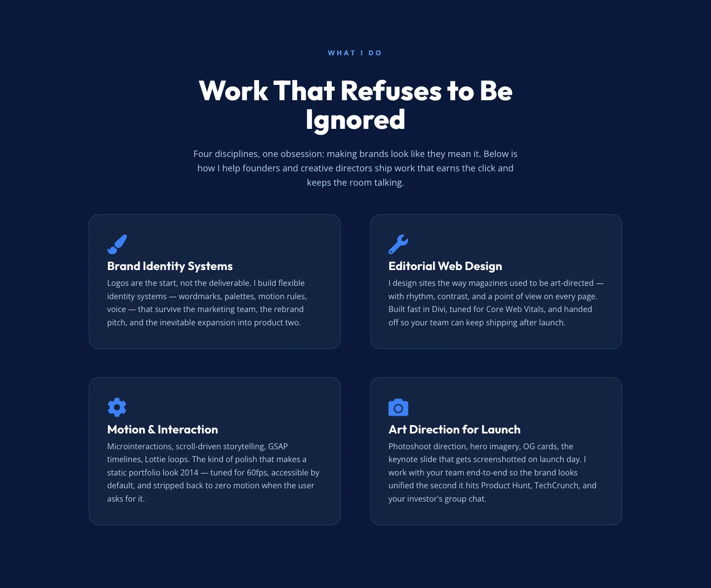 Bold Portfolio Features Section — 2x2 Discipline Grid for Divi 5 — Portfolio Features layout built with Divi 5
