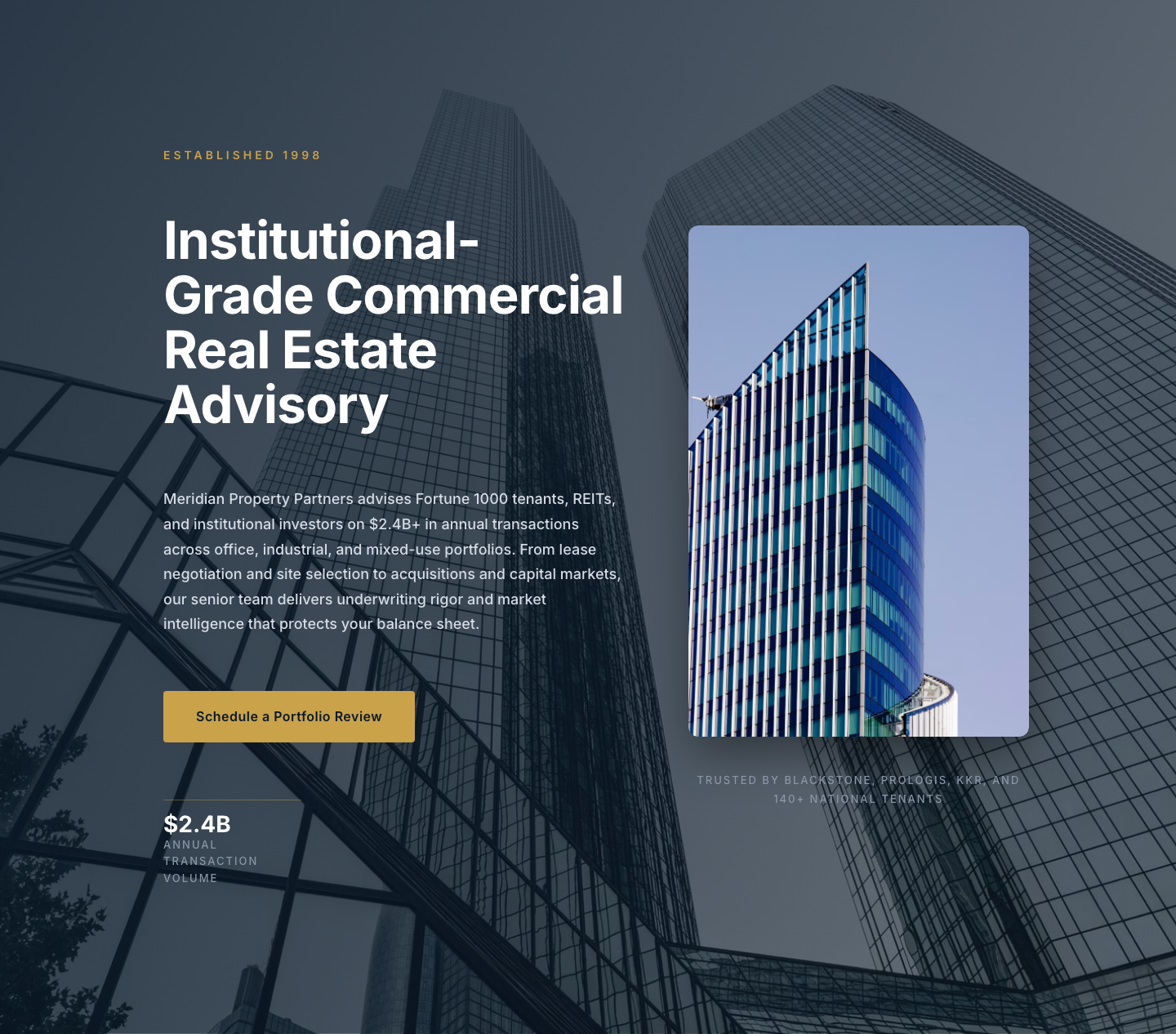Corporate Real Estate Hero Layout for Divi 5 — Meridian Property Partners — desktop preview