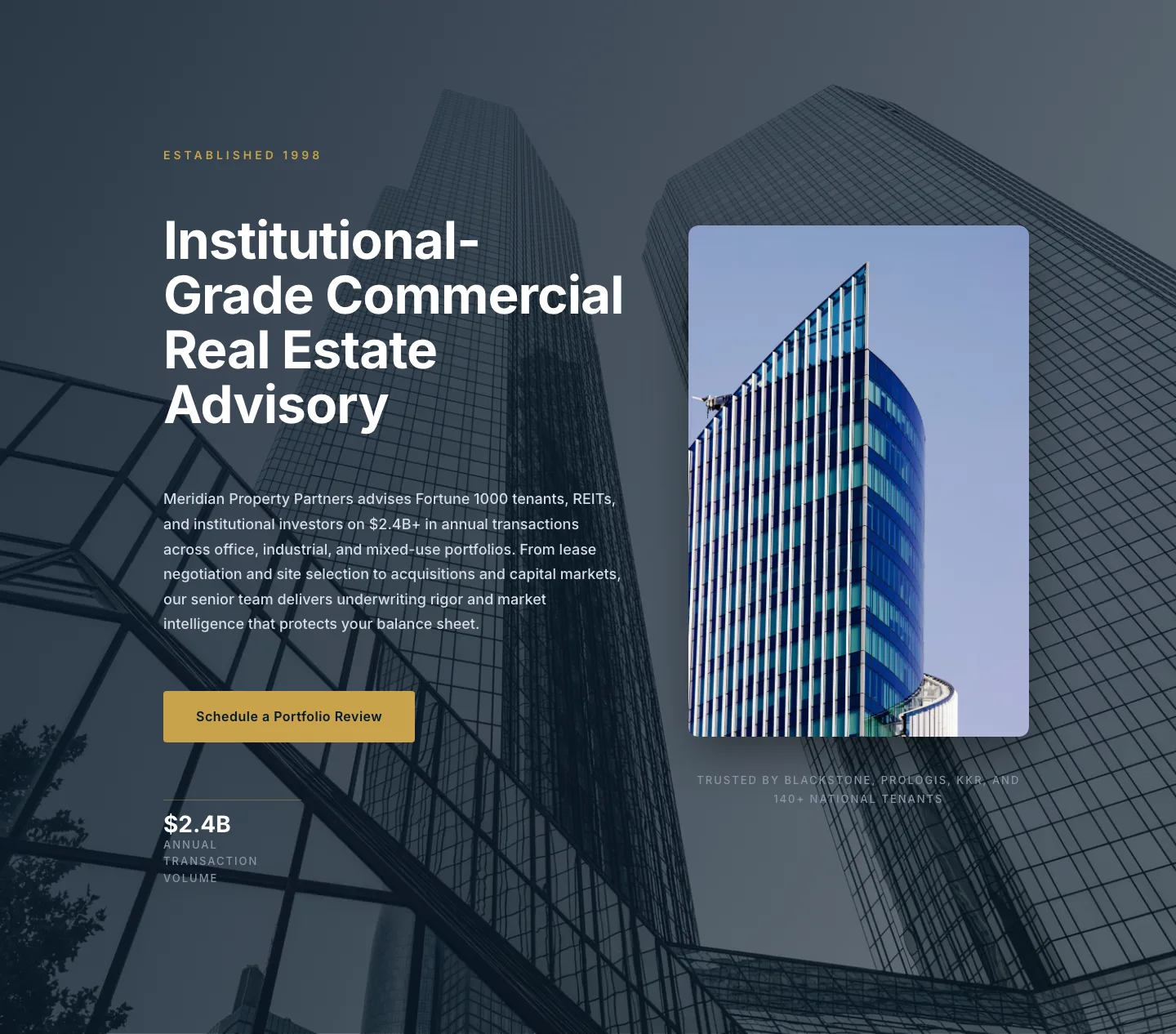 Corporate Real Estate Hero Layout for Divi 5 — Meridian Property Partners — Real Estate Hero layout built with Divi 5