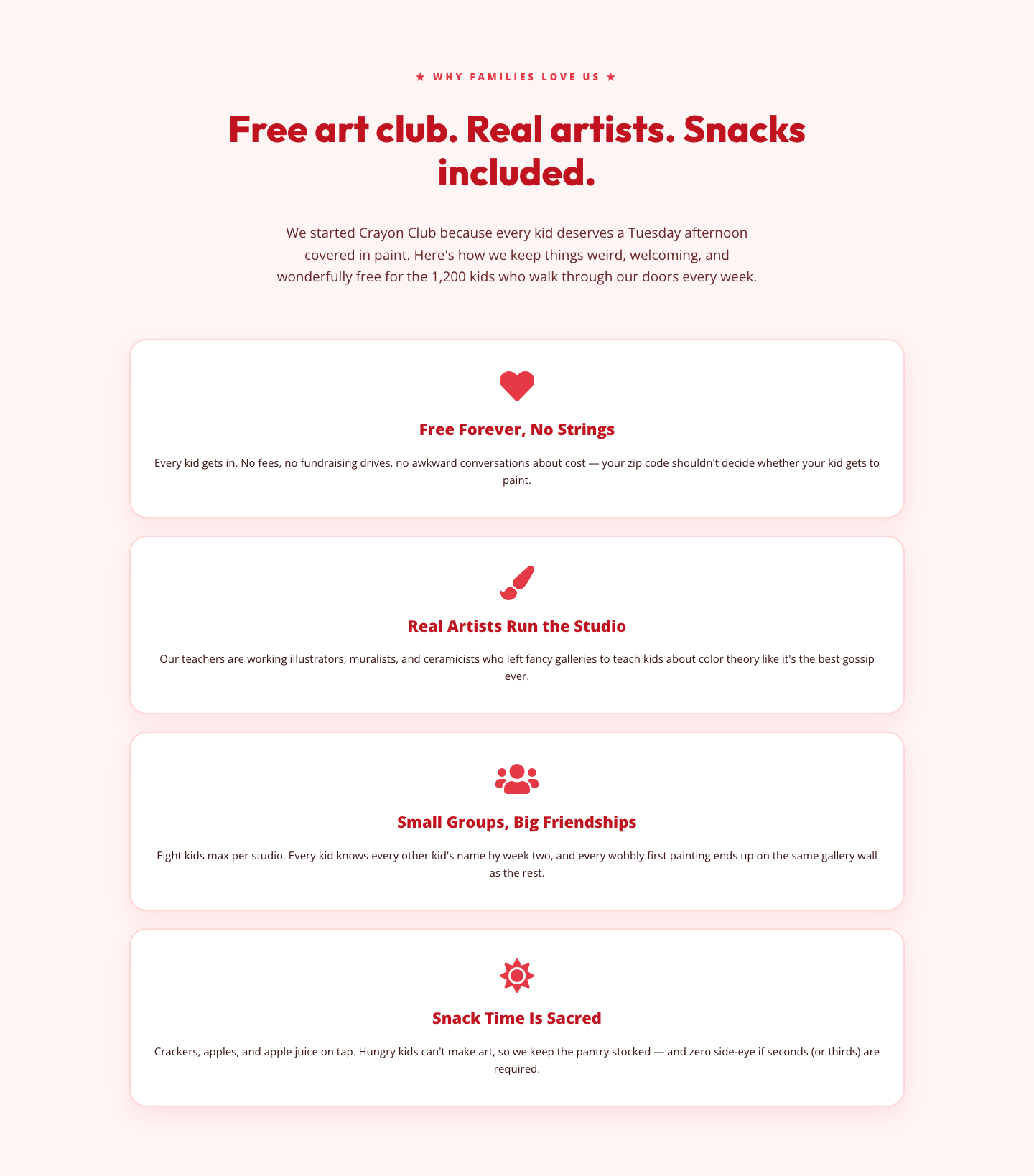 Playful Nonprofit Features Section — 4-Column Crayon Club Layout — desktop preview
