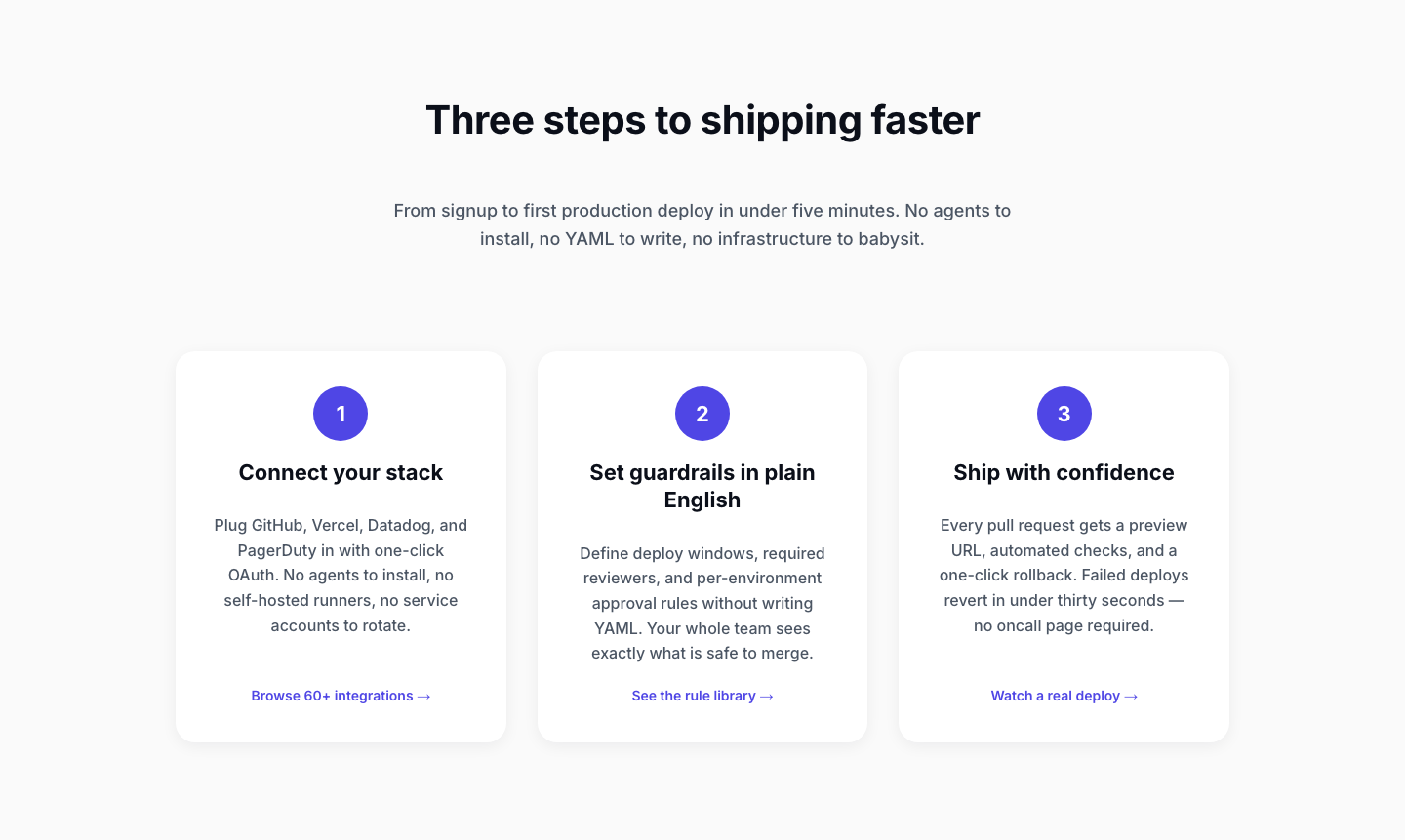 Three-Step SaaS Onboarding Cards — Minimal Divi 5 Layout — desktop preview