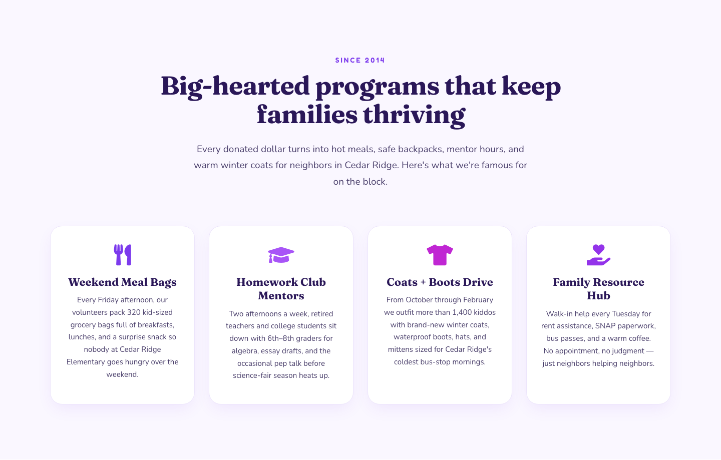 Playful Nonprofit Features Section — Four-Column Icon Cards for Divi 5 — desktop preview