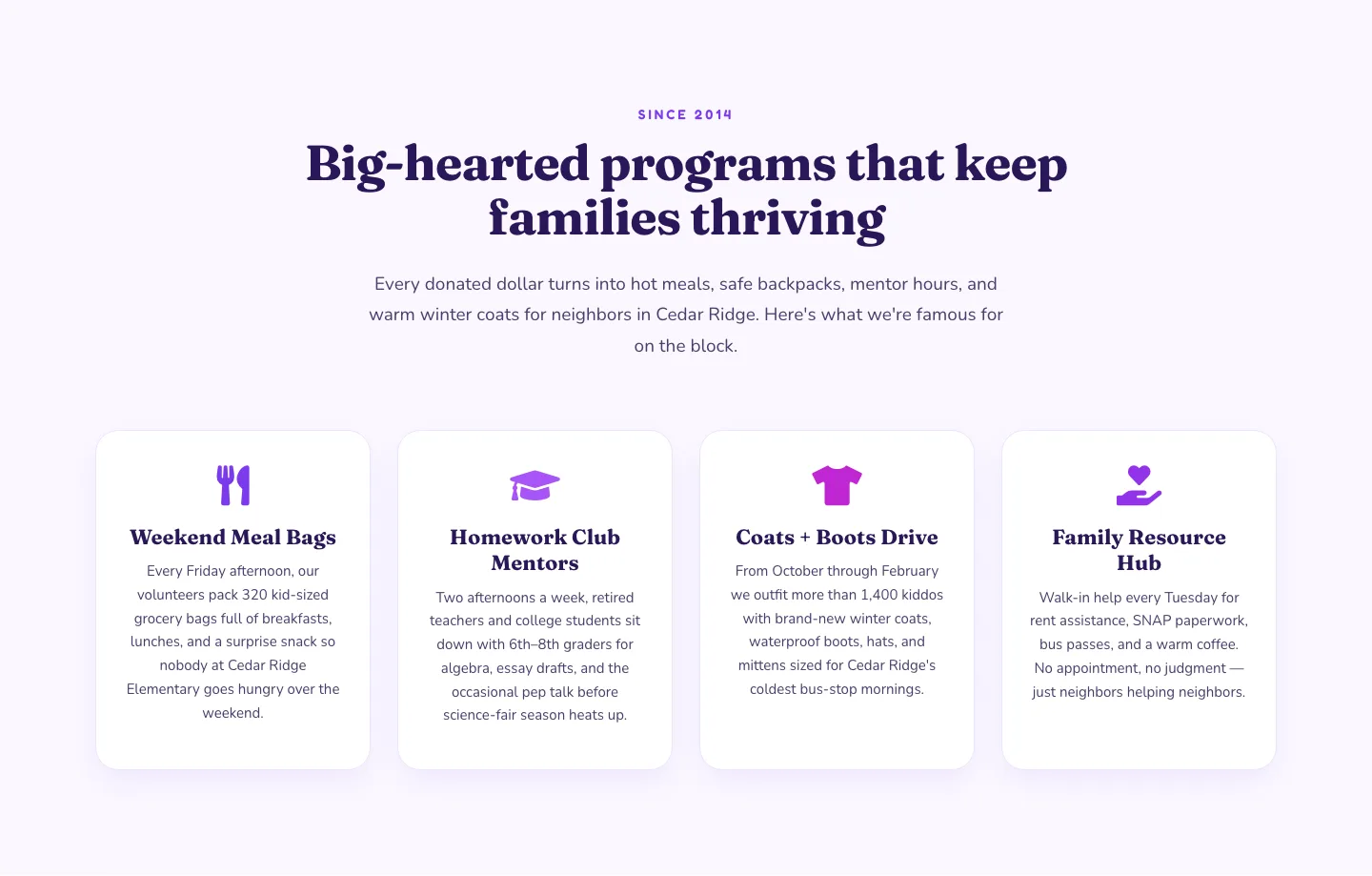 Playful Nonprofit Features Section — Four-Column Icon Cards for Divi 5 — Nonprofit Features layout built with Divi 5