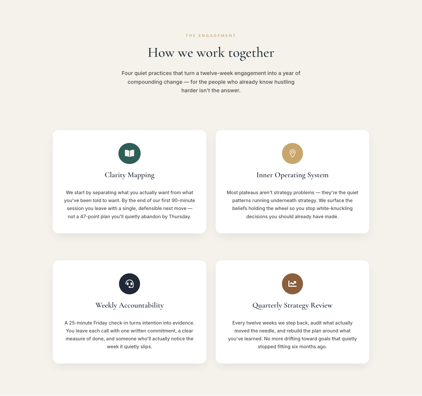 Elegant Coaching Cards Layout — How We Work Together — desktop preview