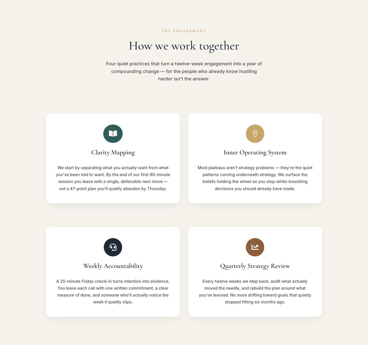 Elegant Coaching Cards Layout — How We Work Together — Coaching Cards layout built with Divi 5