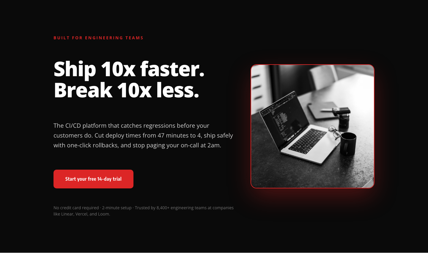 Bold SaaS Hero Layout for CI/CD & Engineering Tools — Divi 5 — desktop preview