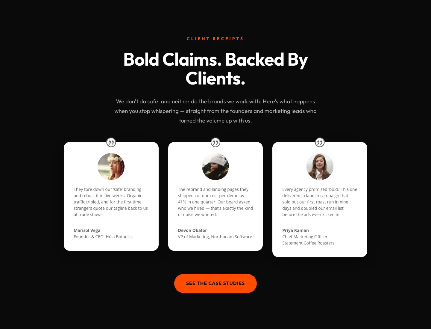 Bold Agency Testimonials Section — Dark Divi 5 Layout with Client Proof Cards — Agency Testimonials layout built with Divi 5