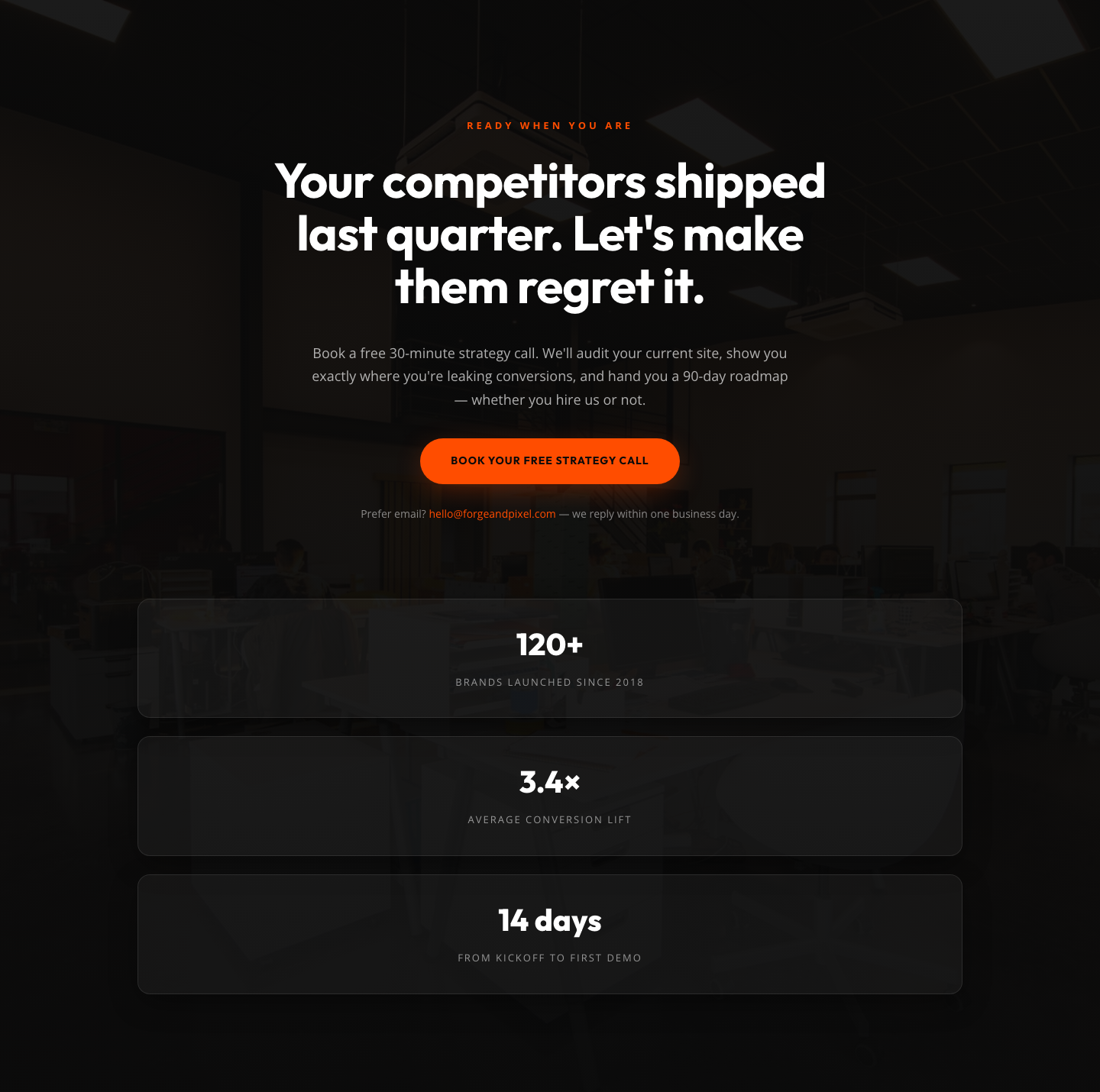 Dark Agency CTA Section with Strategy Call Booking & Proof Stats — Divi 5 Layout — desktop preview