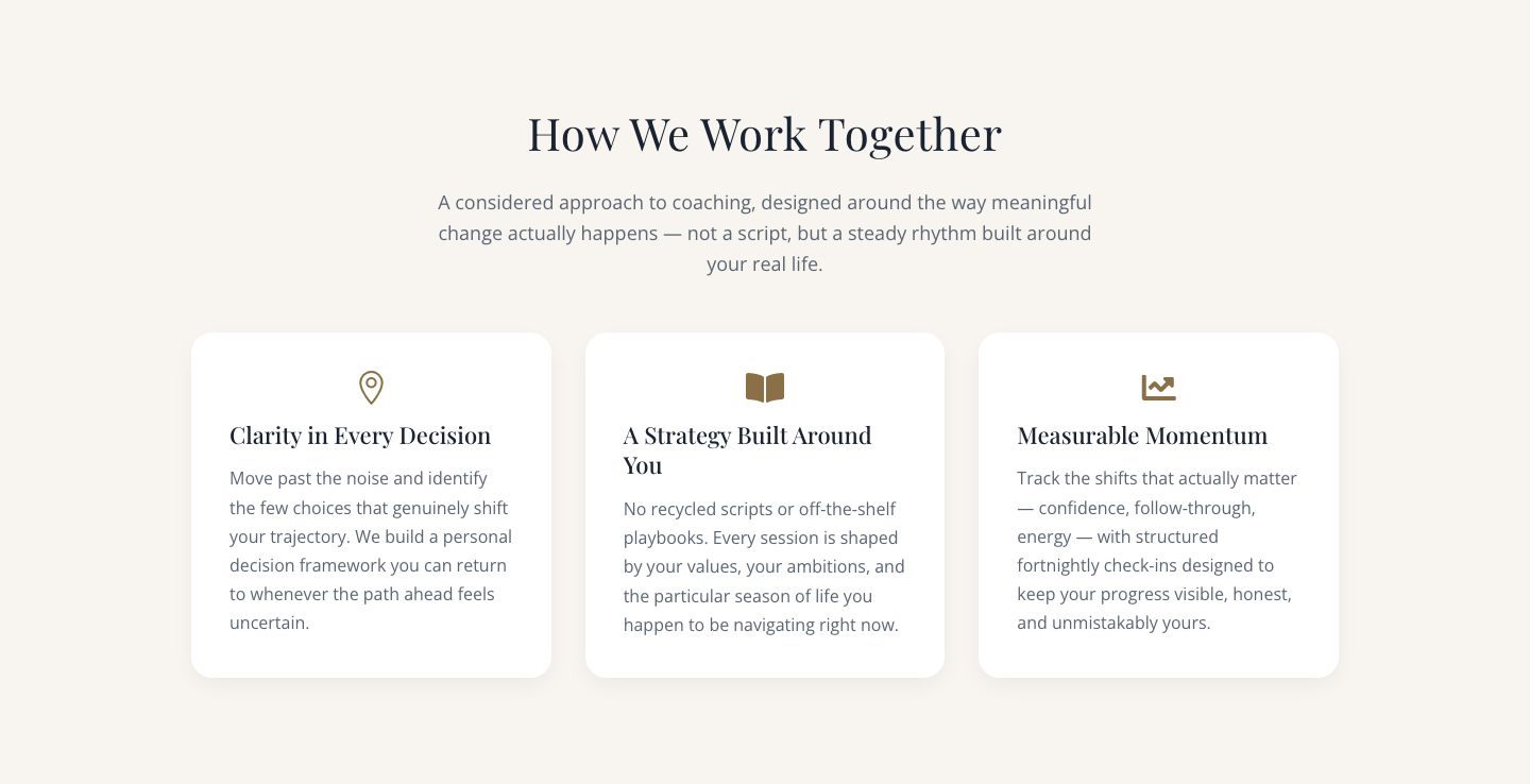 Elegant Coaching Approach Cards Section for Divi 5 — desktop preview