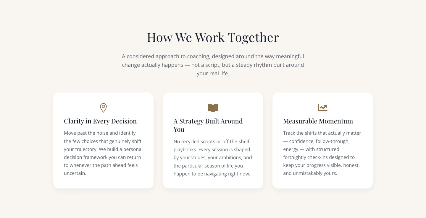 Elegant Coaching Approach Cards Section for Divi 5 — Coaching Cards layout built with Divi 5