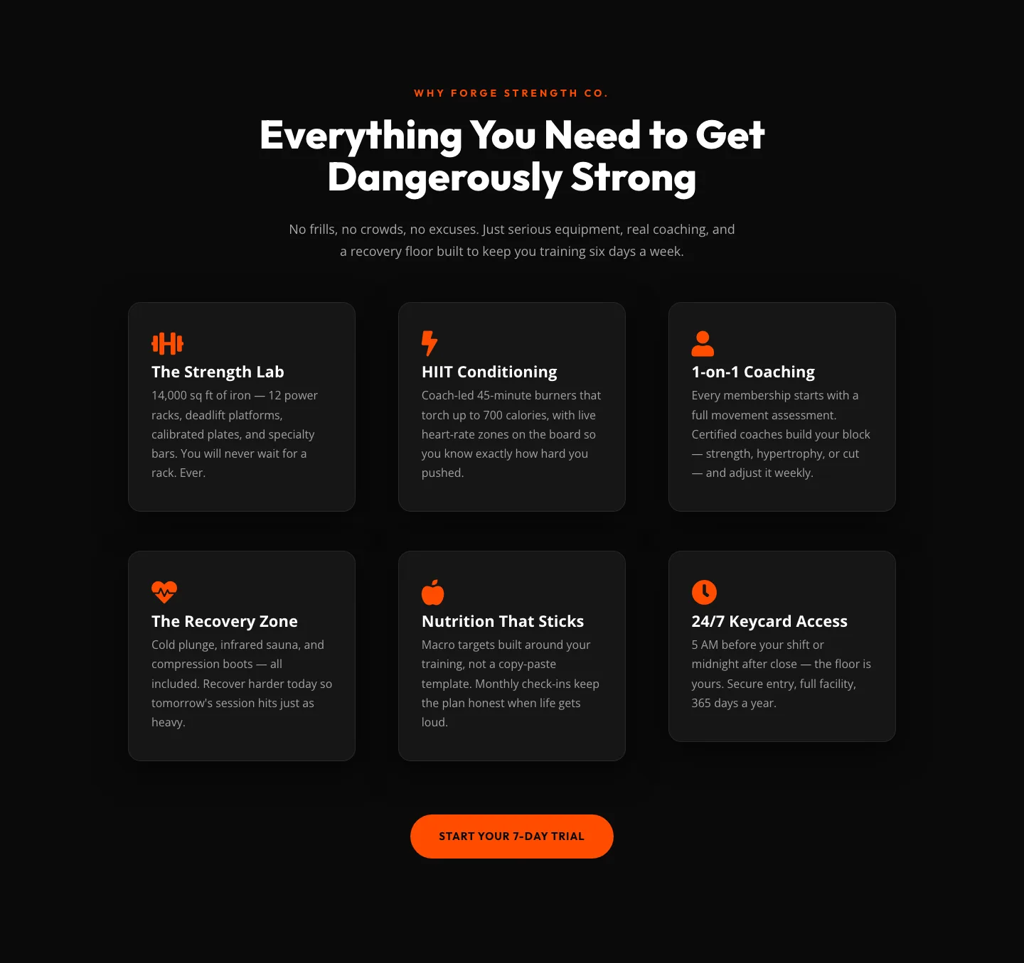 Bold Fitness Features Section — Dark Gym Layout for Divi 5 — Fitness Features layout built with Divi 5