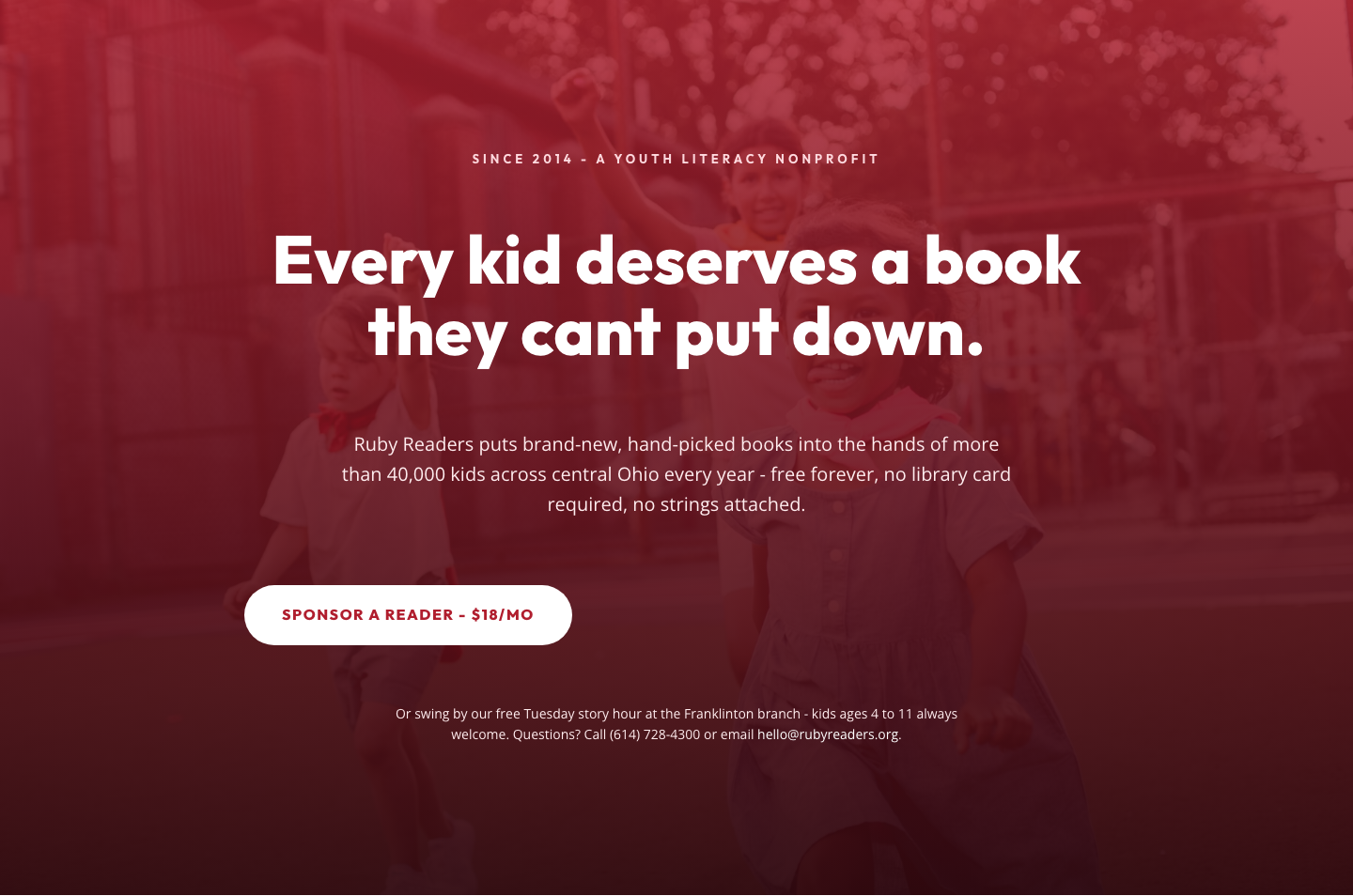 Ruby Readers Nonprofit Hero — Playful Divi 5 Layout — desktop preview