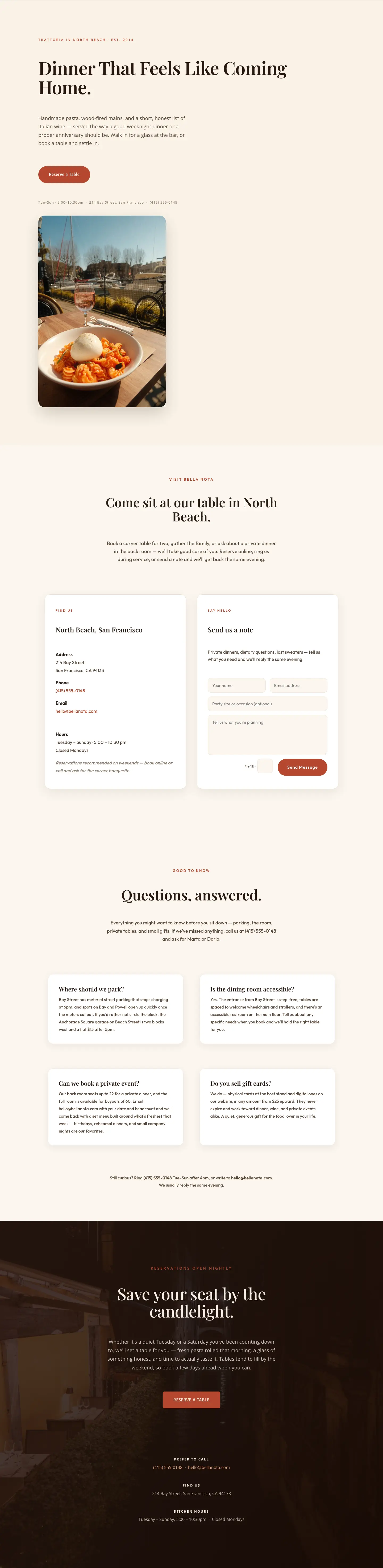 Bella Nota — Elegant Restaurant Contact Page for Divi 5 — Restaurant Full Landing layout built with Divi 5