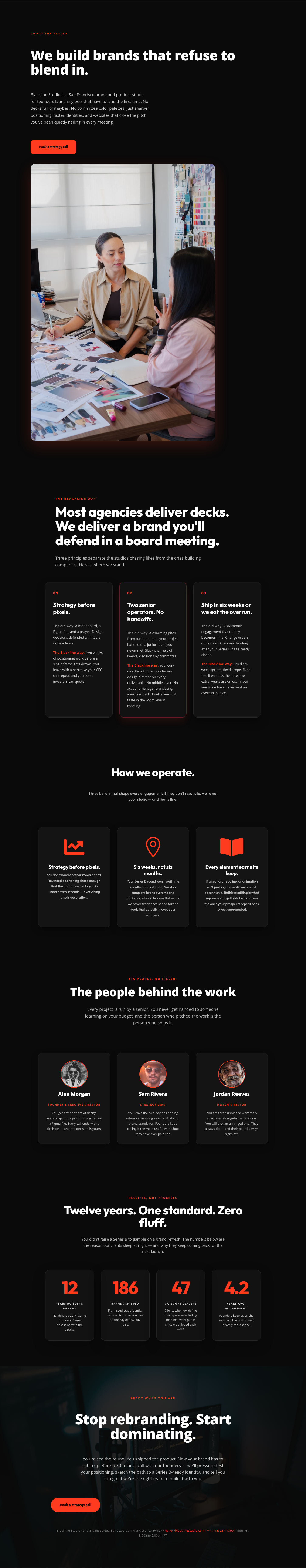 Blackline Studio — Bold Agency About Page for Divi 5 — desktop preview