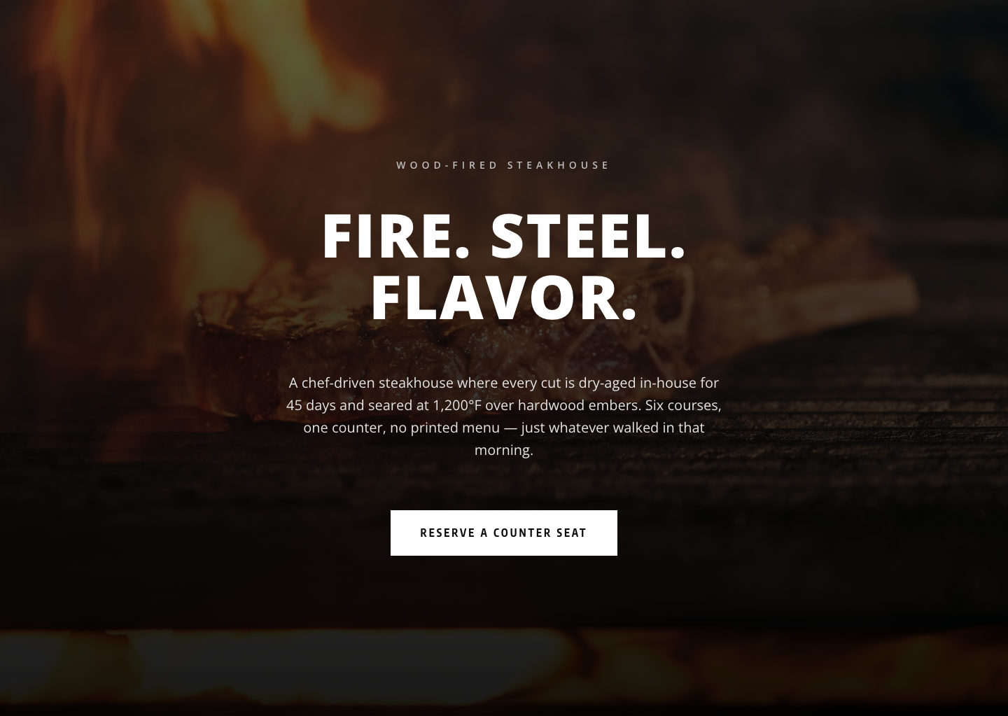 Bold Steakhouse Hero Section for Divi 5 — Dark Monochrome Restaurant Layout — desktop preview