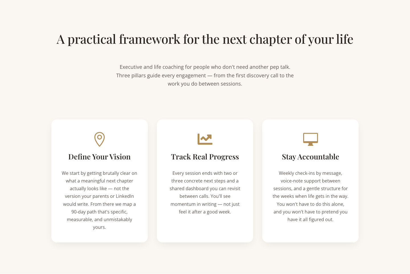 Three Pillars Coaching Cards — Elegant Divi 5 Layout — desktop preview