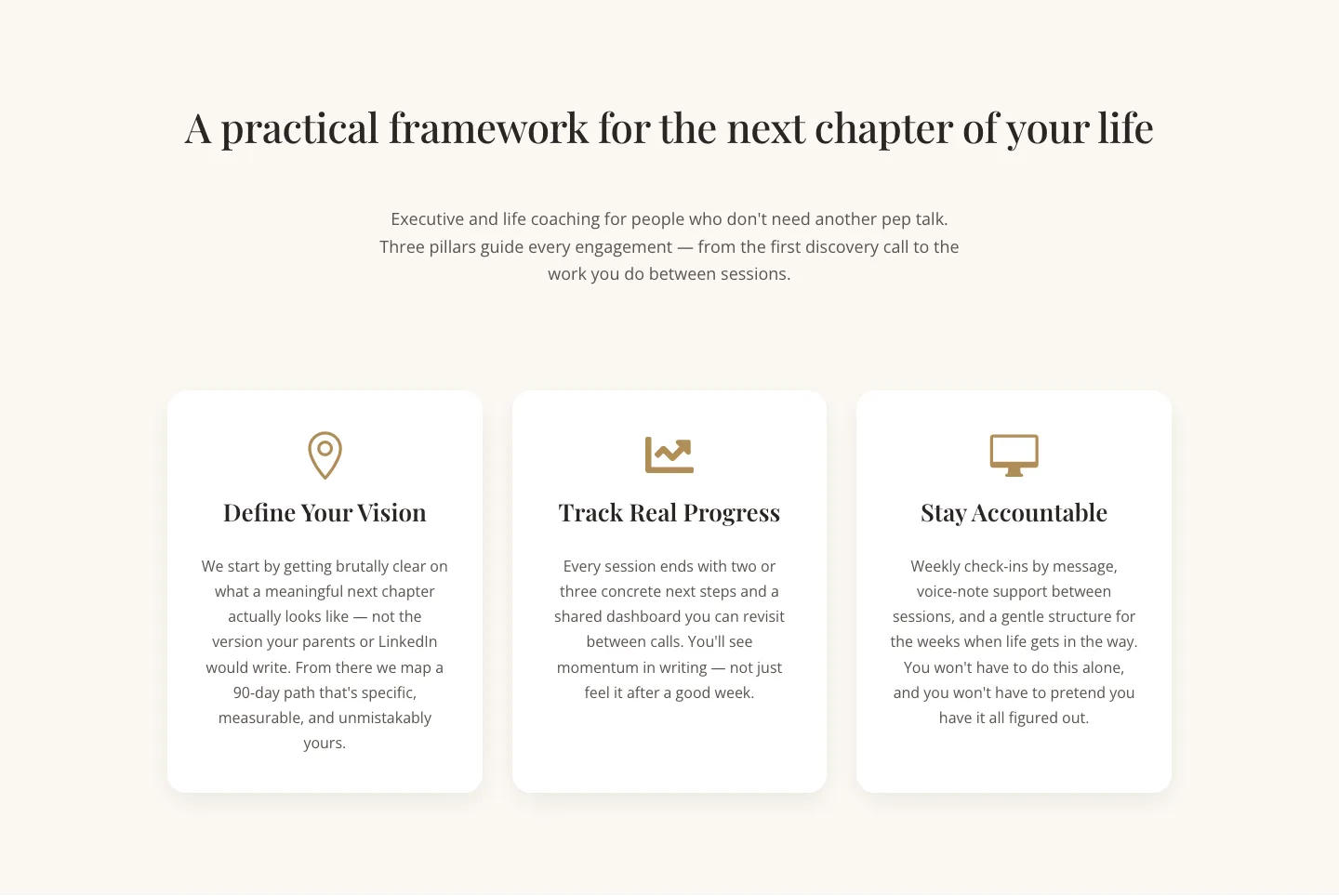 Three Pillars Coaching Cards — Elegant Divi 5 Layout — Coaching Cards layout built with Divi 5