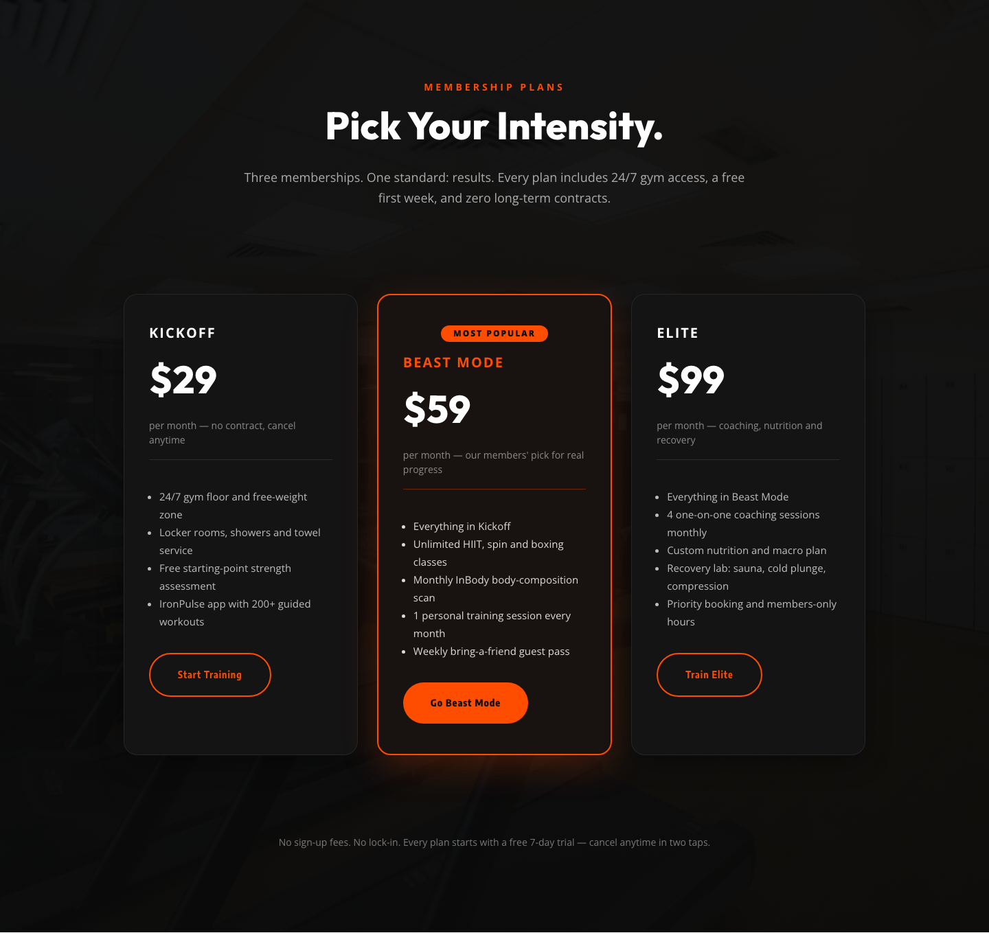 Bold Fitness Pricing Table — Dark Gym Membership Plans Divi 5 Layout — desktop preview
