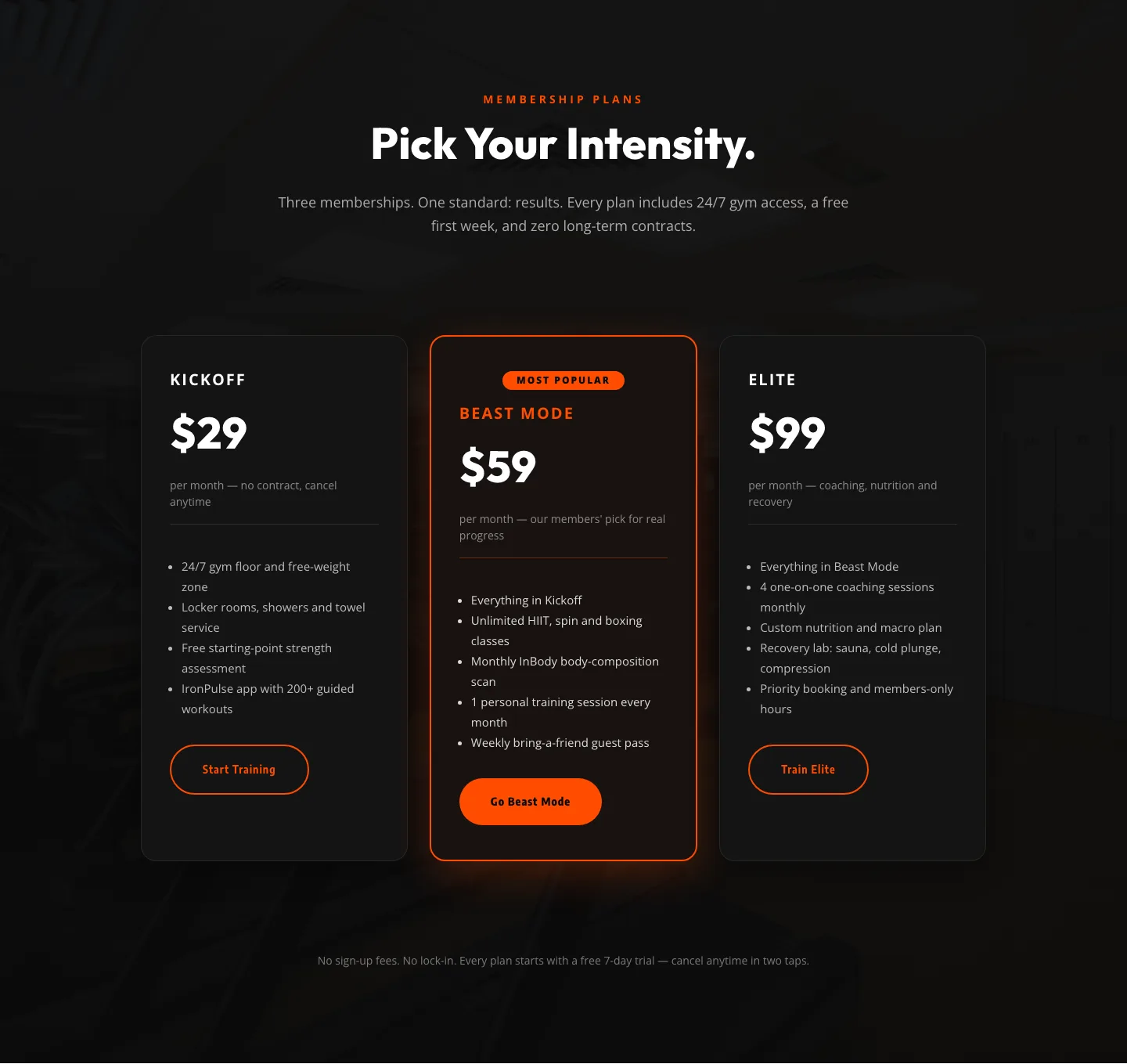 Bold Fitness Pricing Table — Dark Gym Membership Plans Divi 5 Layout — Fitness Pricing layout built with Divi 5