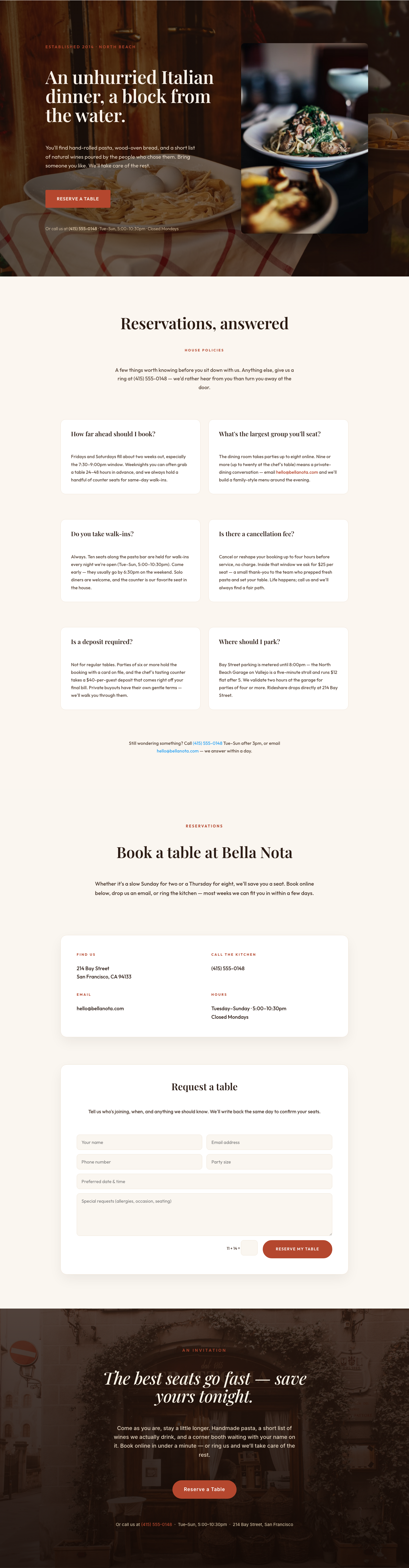 Bella Nota — Elegant Restaurant Reservations Page for Divi 5 — desktop preview