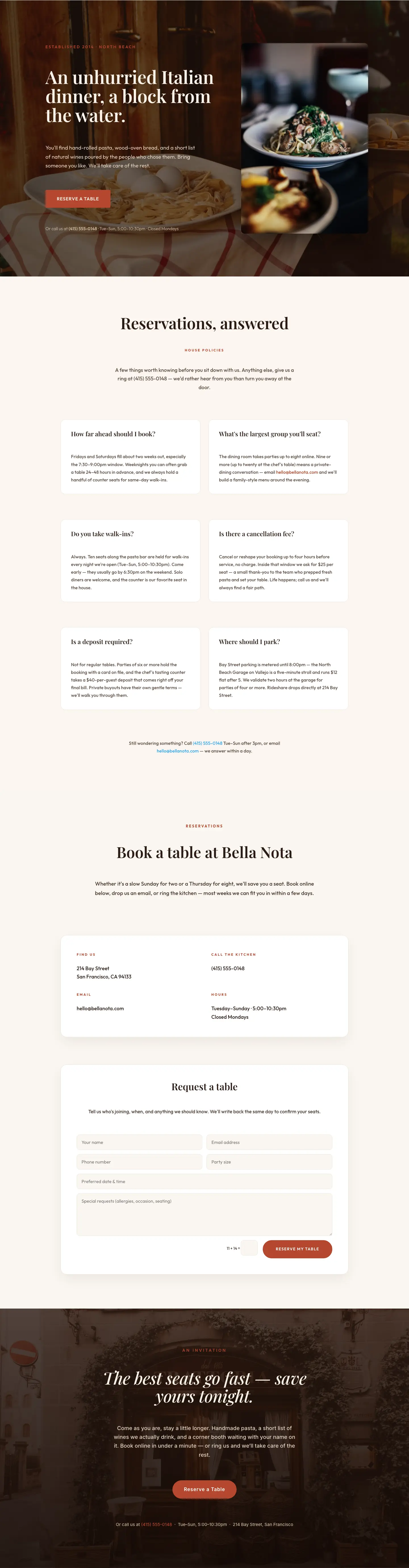 Bella Nota — Elegant Restaurant Reservations Page for Divi 5 — Restaurant Full Landing layout built with Divi 5