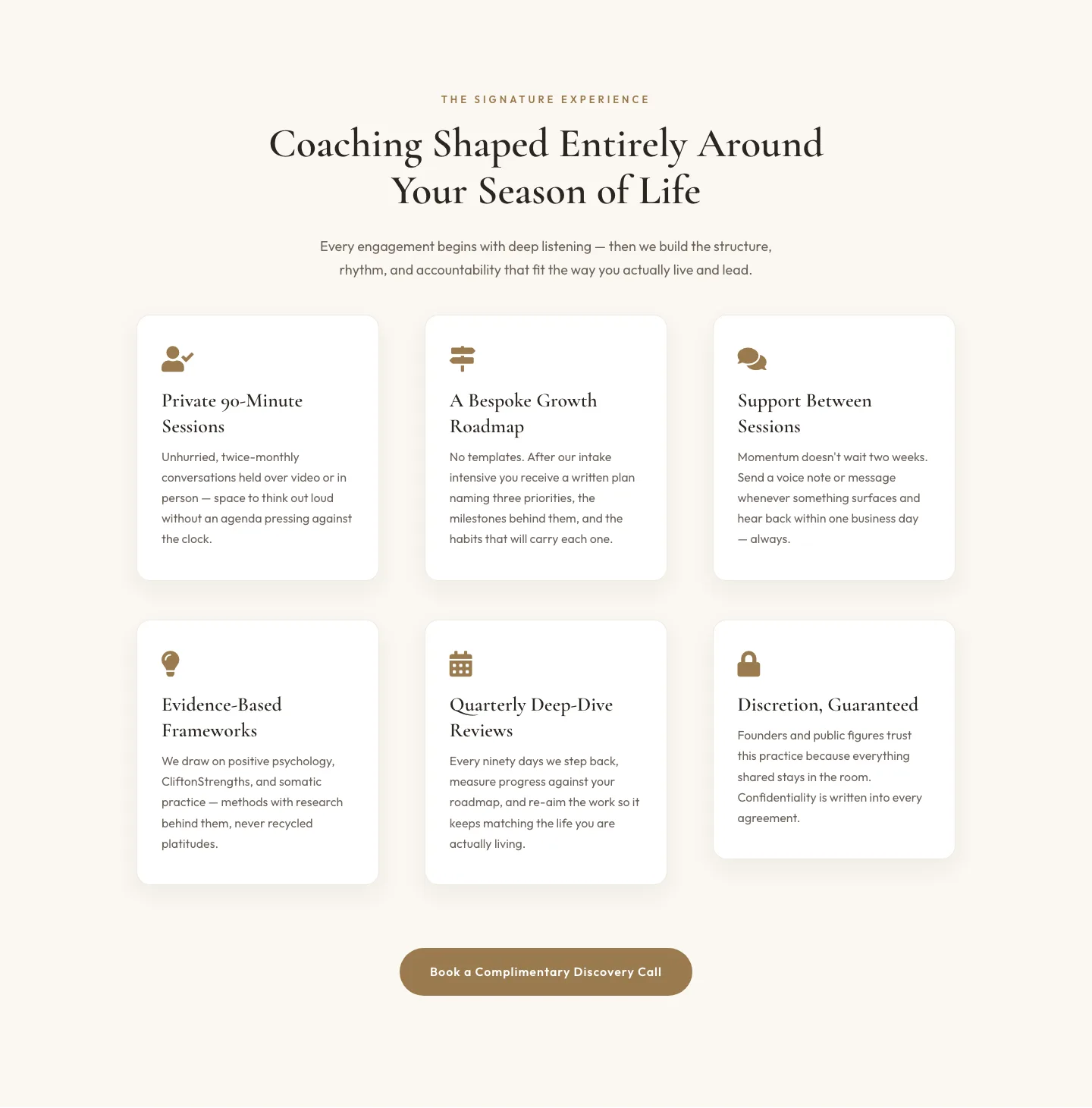 Elegant Coaching Features Section — Signature Experience Cards for Divi 5 — Coaching Features layout built with Divi 5