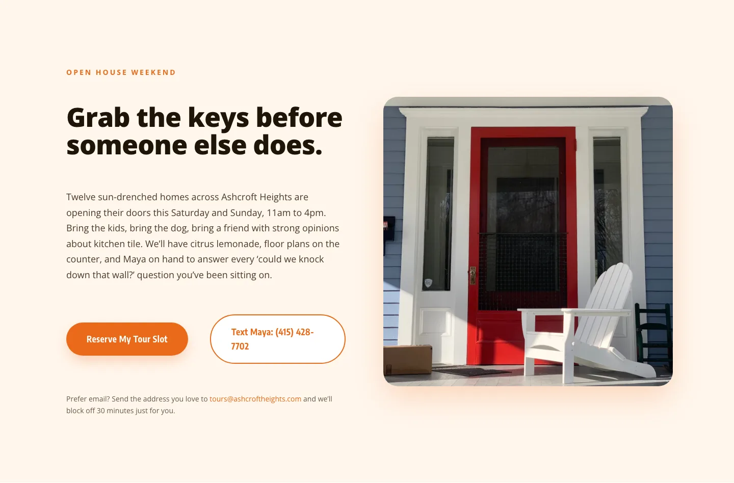 Playful Real Estate CTA — Open House Weekend Tour Booking — Real Estate CTA layout built with Divi 5