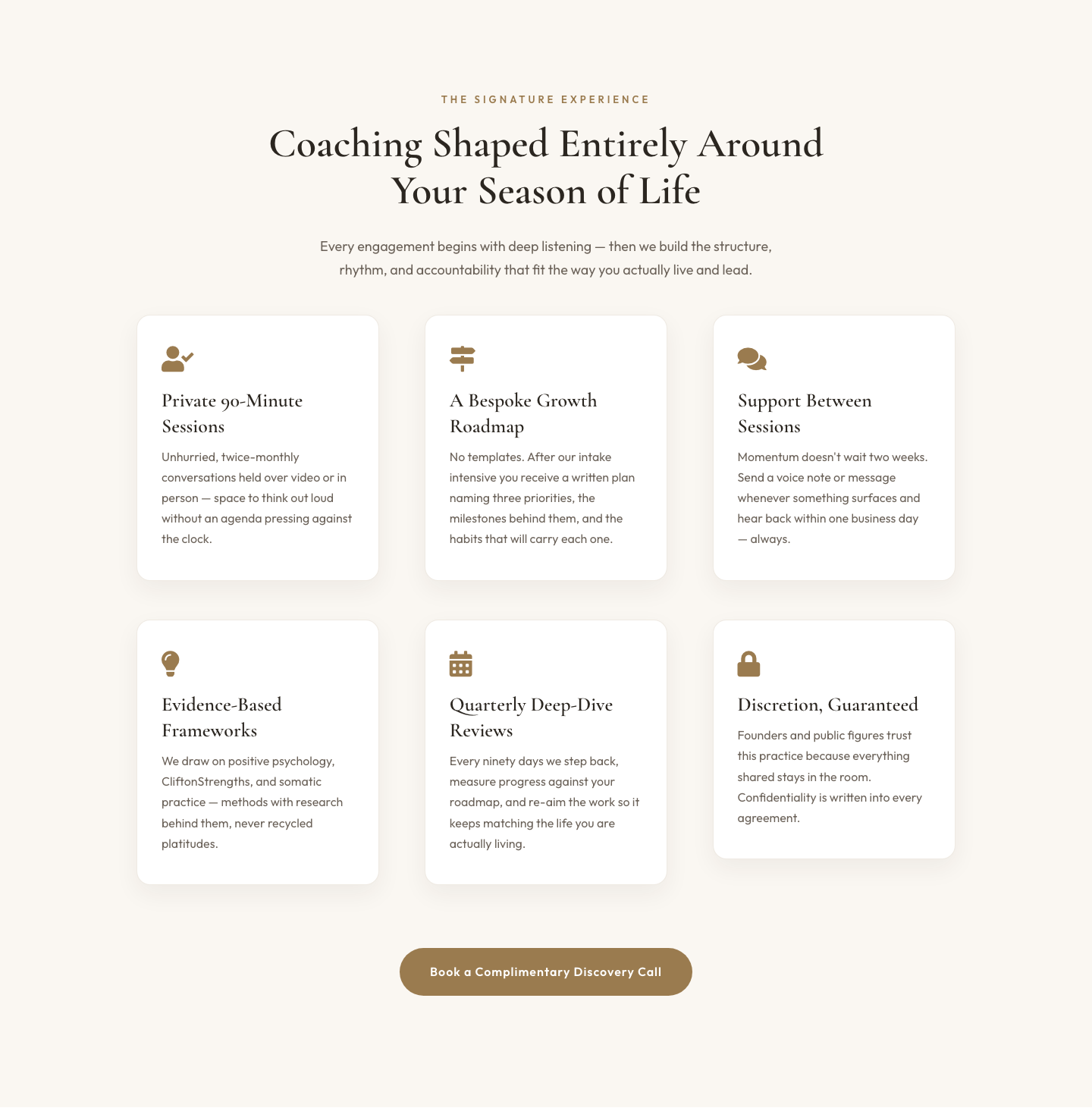Elegant Coaching Features Section — Signature Experience Cards for Divi 5 — desktop preview