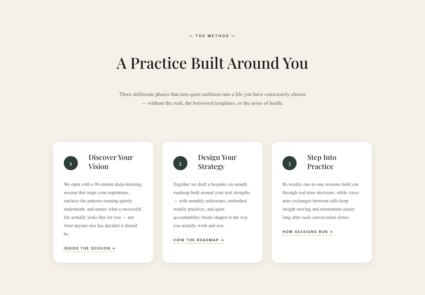 Three-Step Coaching Method Cards — Elegant Divi 5 Layout — desktop preview