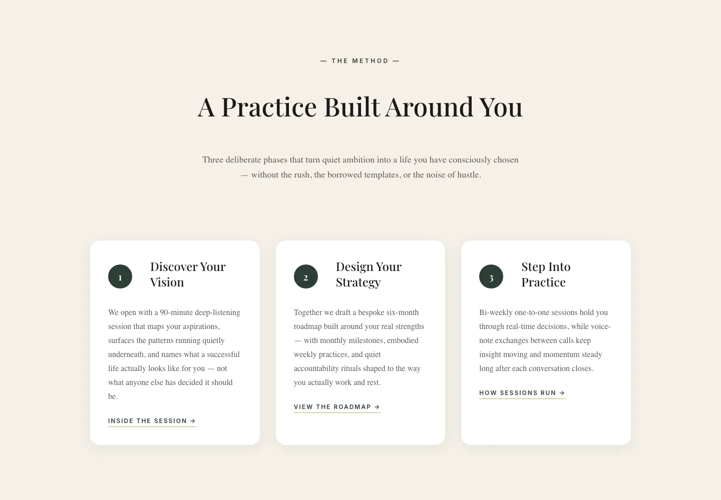 Three-Step Coaching Method Cards — Elegant Divi 5 Layout — Coaching Cards layout built with Divi 5
