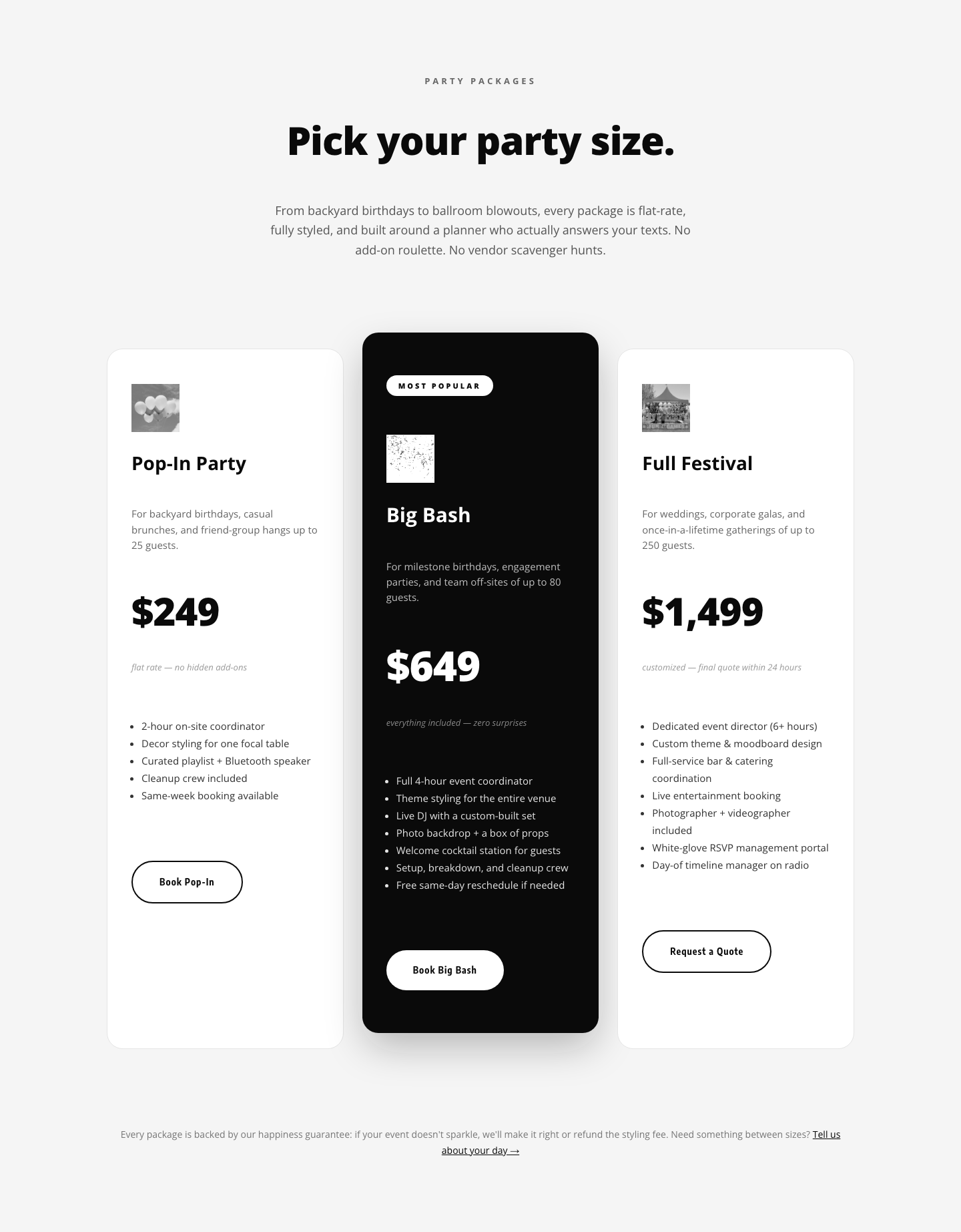 Playful Events Pricing Layout for Divi 5 — Party Packages — desktop preview