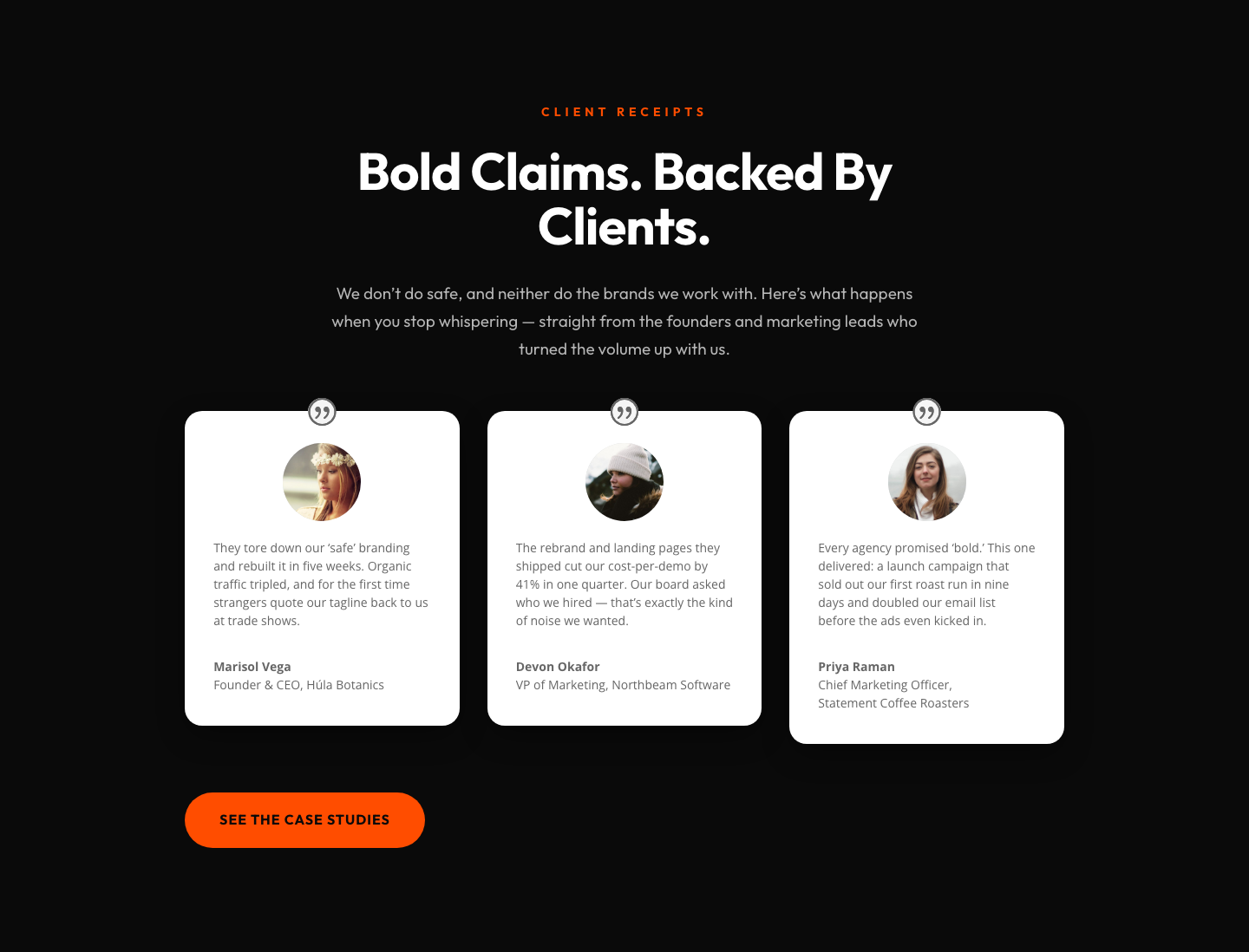 Bold Agency Testimonials Section — Dark Divi 5 Layout with Client Proof Cards — desktop preview