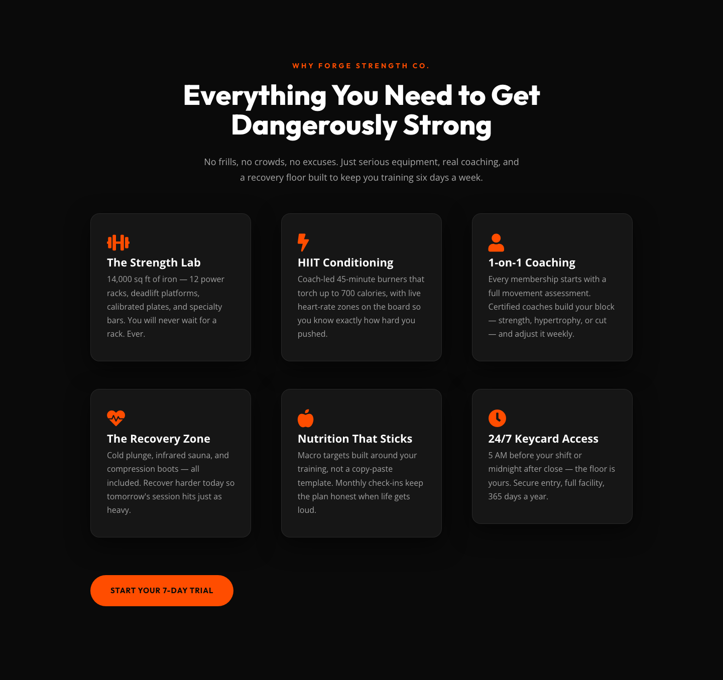 Bold Fitness Features Section — Dark Gym Layout for Divi 5 — desktop preview