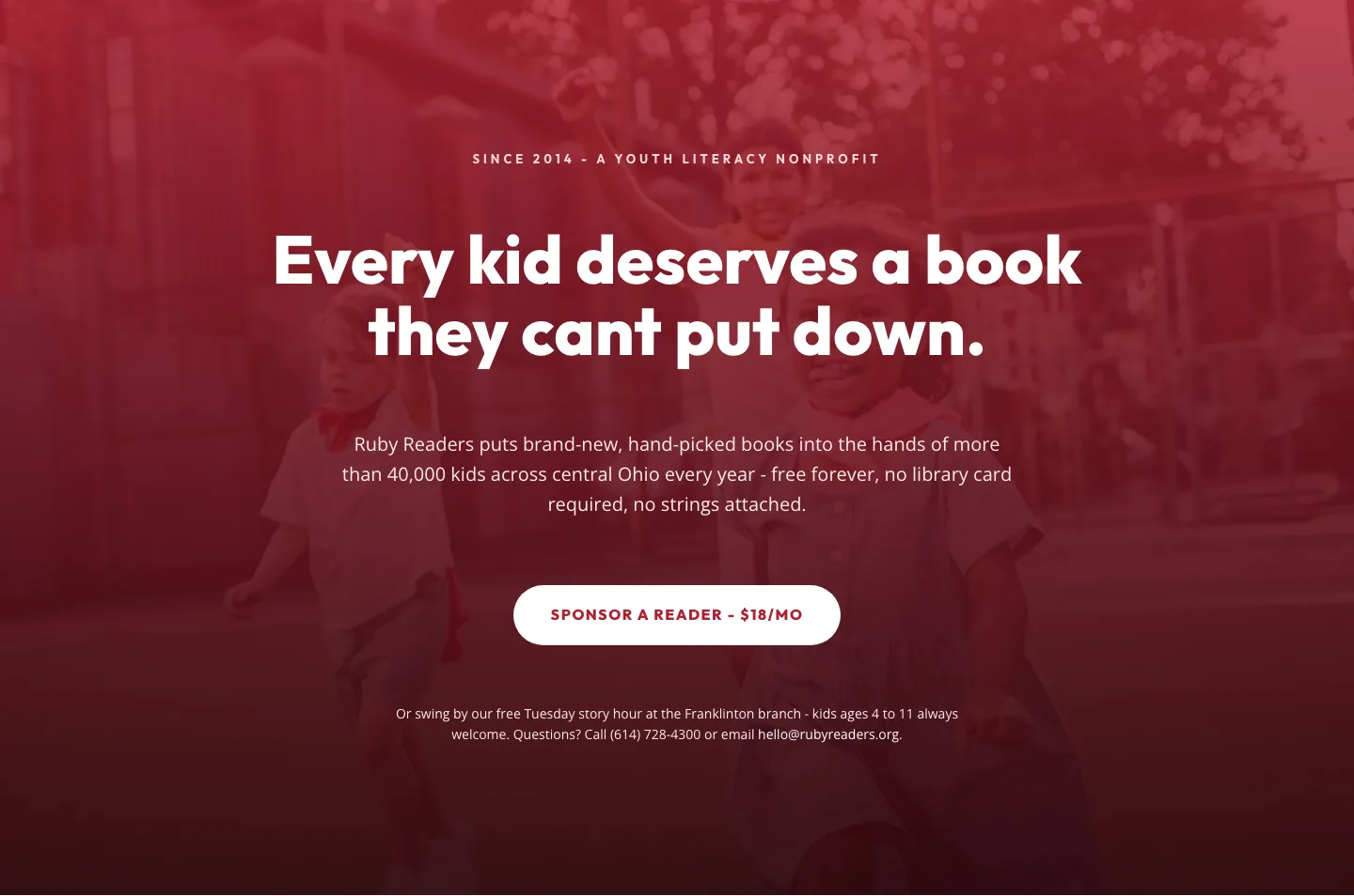 Ruby Readers Nonprofit Hero — Playful Divi 5 Layout — Nonprofit Hero layout built with Divi 5