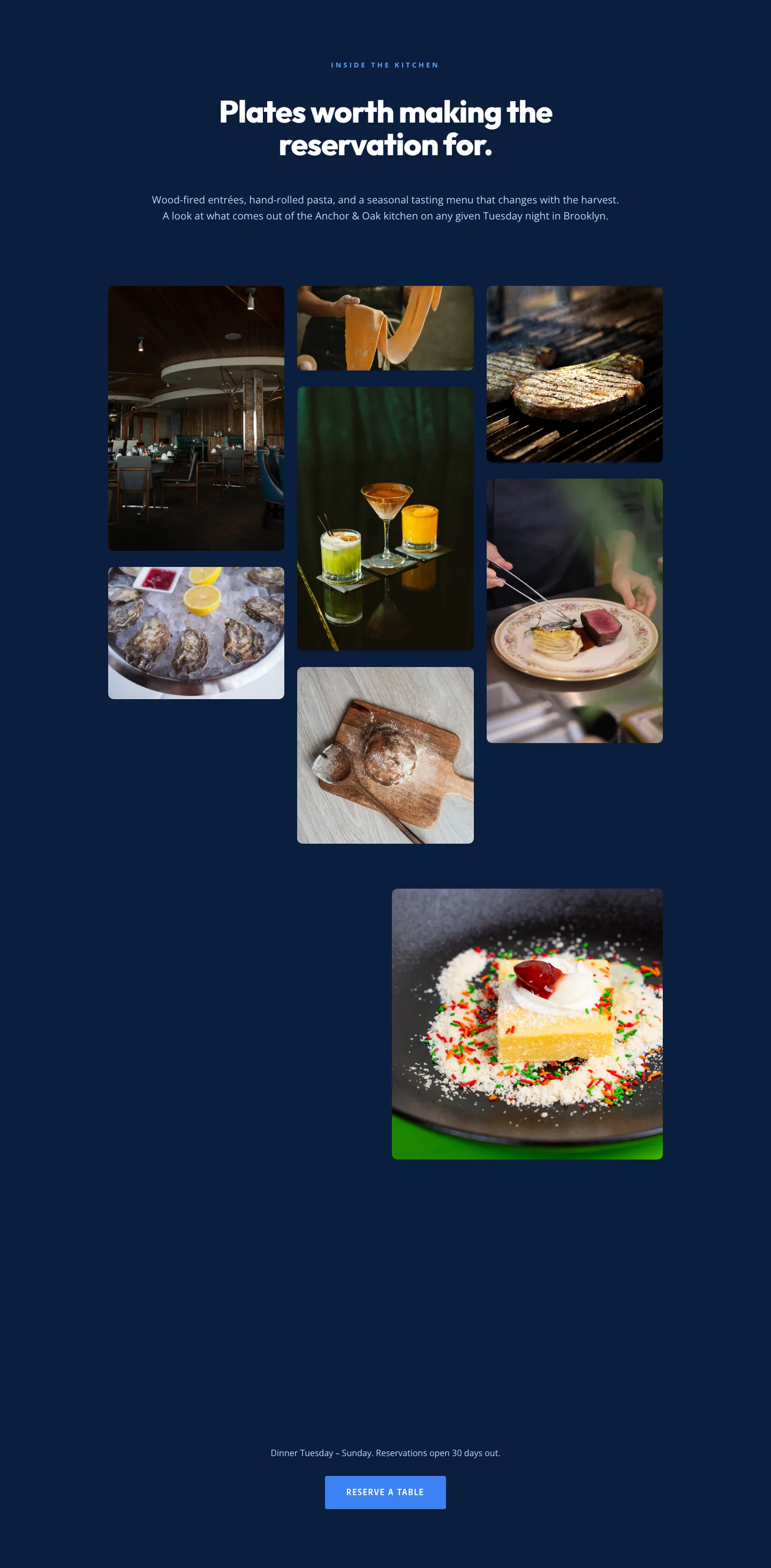 Restaurant Gallery — Bold Blue (Anchor & Oak) | Divi 5 Layout — Restaurant Gallery layout built with Divi 5