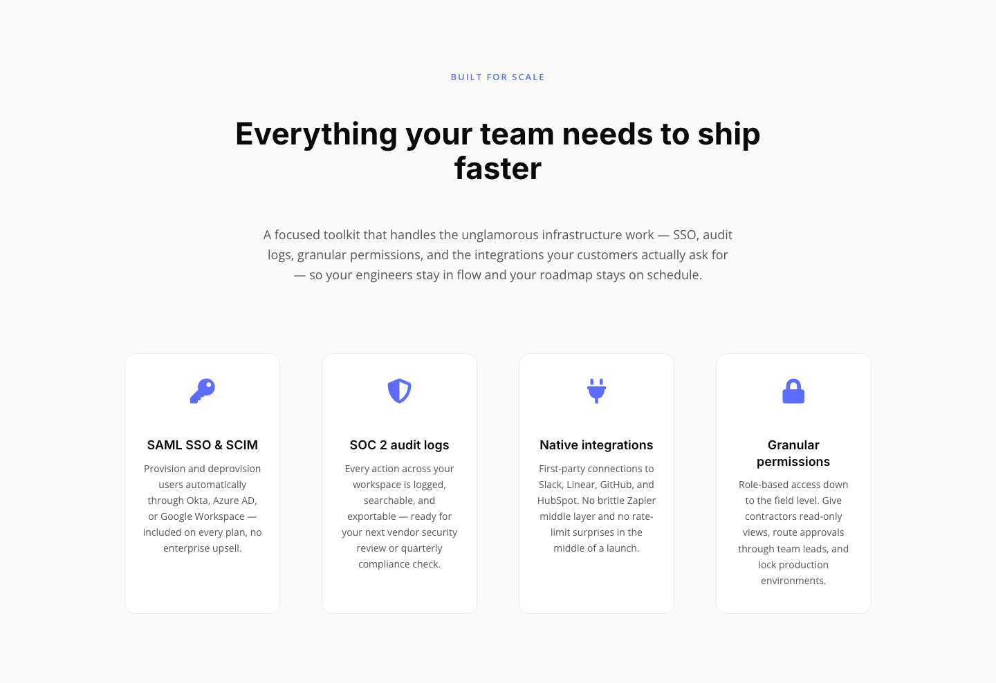 Minimal SaaS Features Section — 4-Column Icon Grid for Divi 5 — desktop preview
