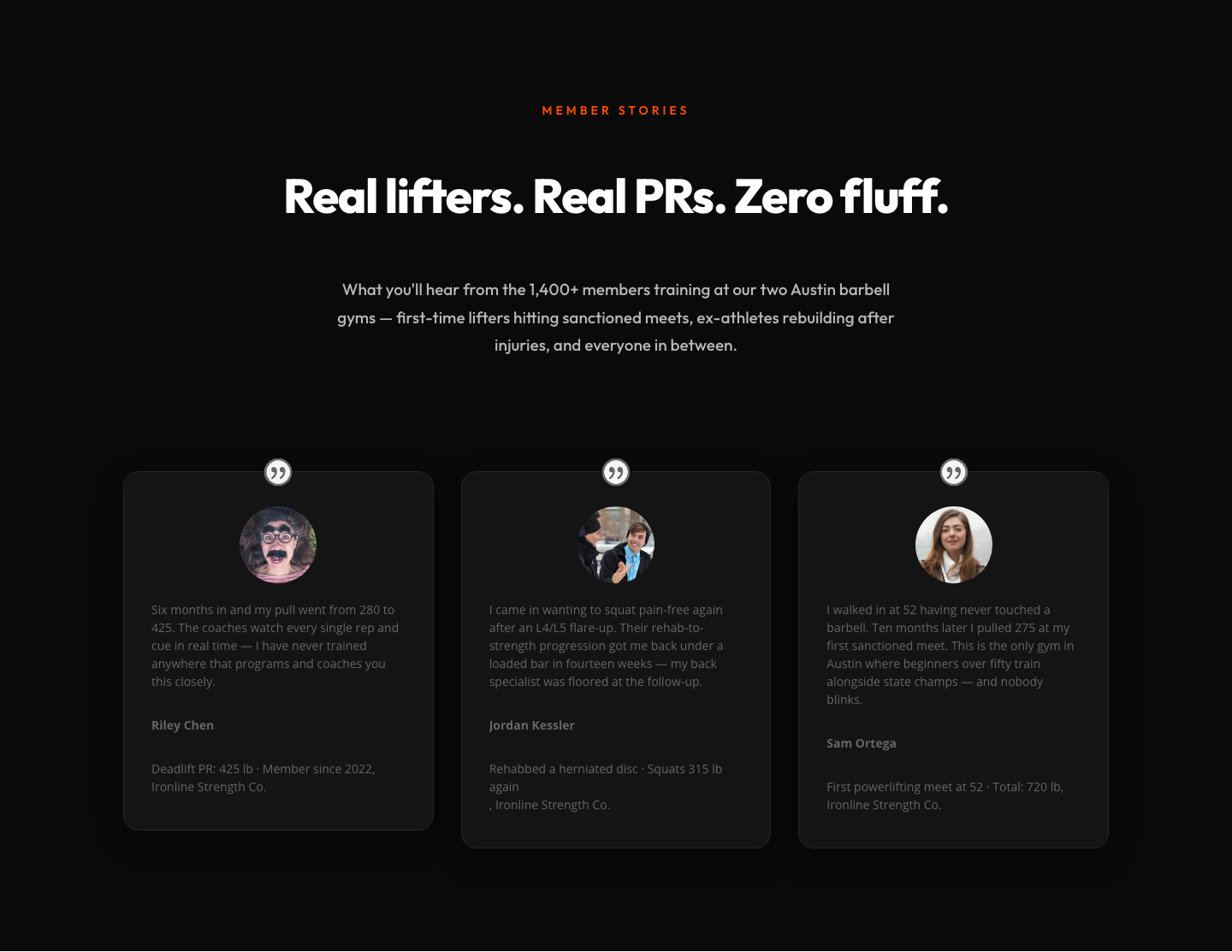 Bold Fitness Testimonials Section for Divi 5 — Gym & Barbell Club — desktop preview