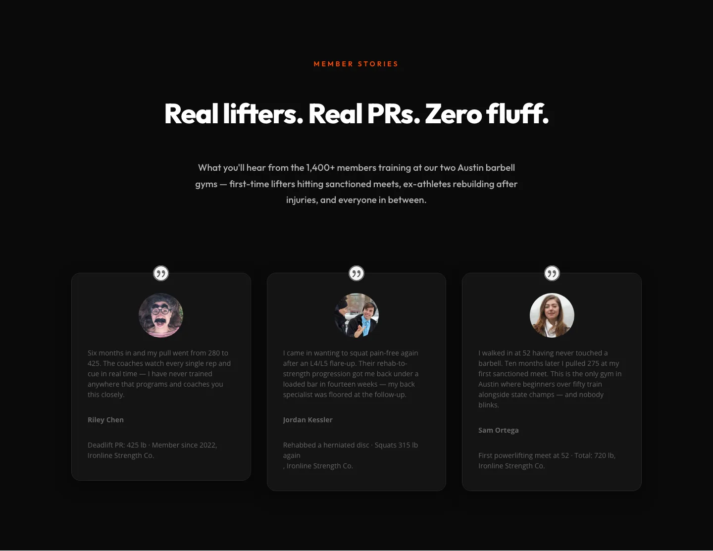 Bold Fitness Testimonials Section for Divi 5 — Gym & Barbell Club — Fitness Testimonials layout built with Divi 5
