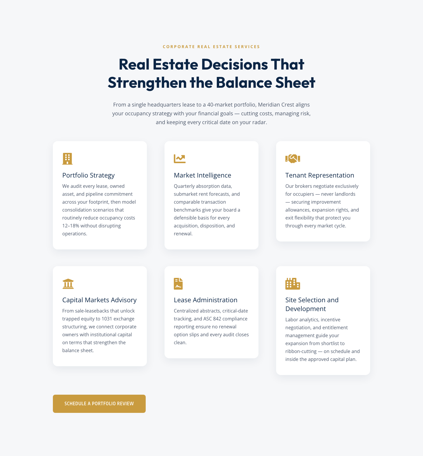 Corporate Real Estate Features Section — Six-Pillar Service Grid for Divi 5 — desktop preview